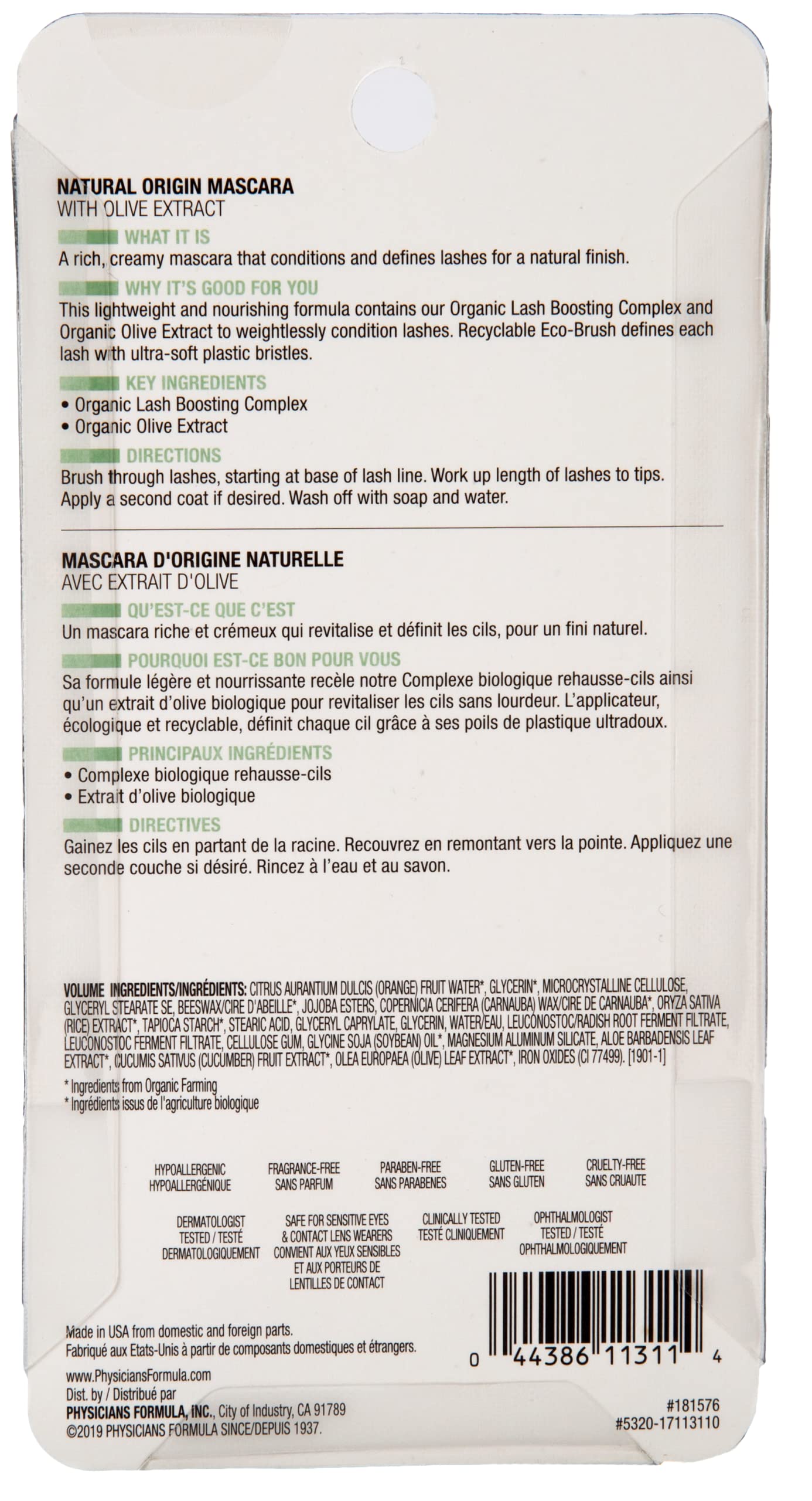 Physicians Formula Organic Wear Lash-Boosting All Natural Mascara, Lifts, Lengthens, For Sensitive Eyes, Dermatologist Tested - Natural Origin Black