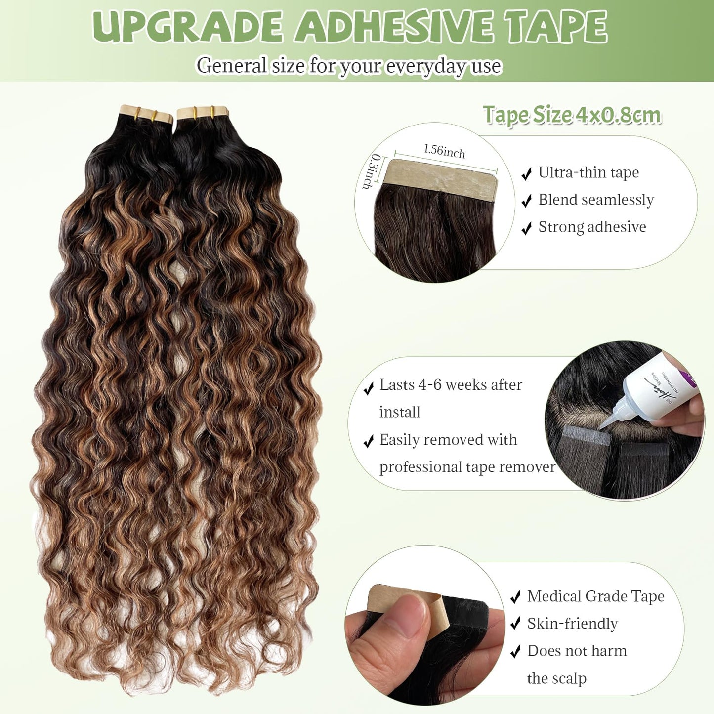 Tape in Hair Extensions Human Hair, Ombre Brown Colored Water Wave Tape in Extensions, 20pcs 50g 16 inch Remy Invisible Tape ins Curly Soft Real Human Hair for Black Women