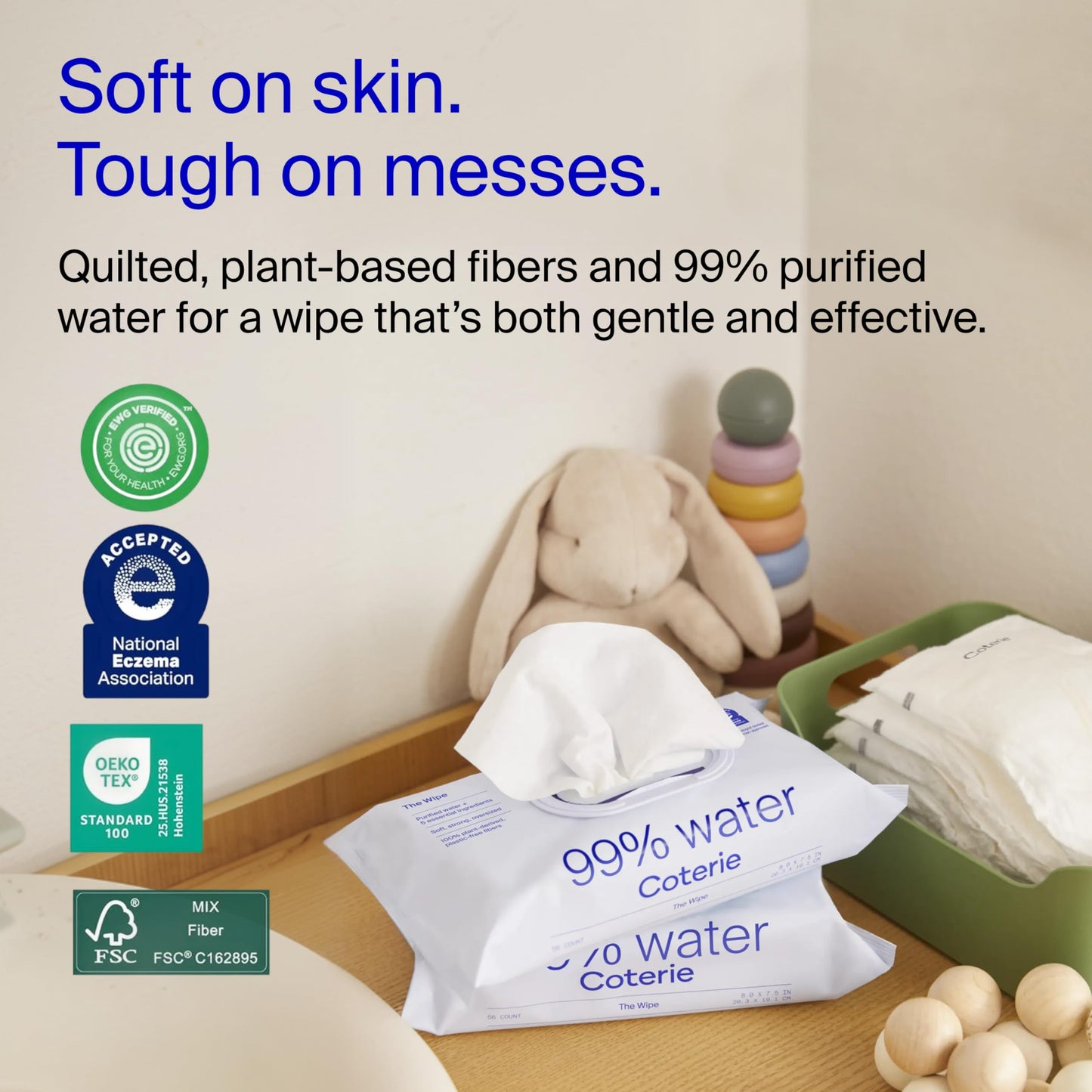 Coterie Baby Wipes for Sensitive Skin, Plant-Based and Plastic-Free Fibers, 99% Water, Hypoallergenic, pH Balanced, Unscented, Clean and Gentle Baby Essentials, 12 Pack, 672 Count