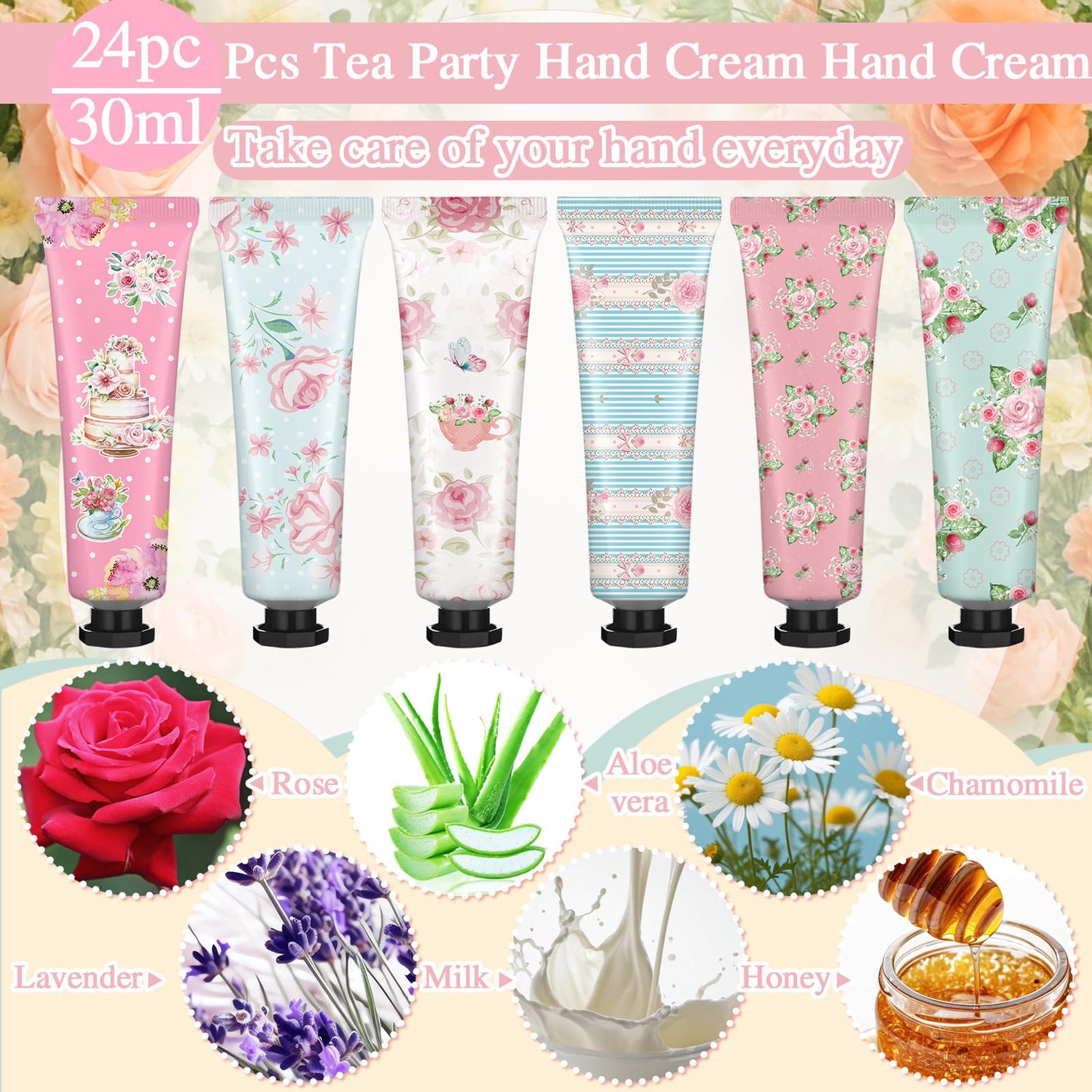 Swiffen Tea Party Hand Cream Gift Set Wonderland Floral Tea Party Favor Flower Moisturizing Hand Lotion Bulk Dry Cracked Care Cream Teapot Favor Boxes Treat Gift Goodie for Baby Shower, 20 ml(24 Pcs)