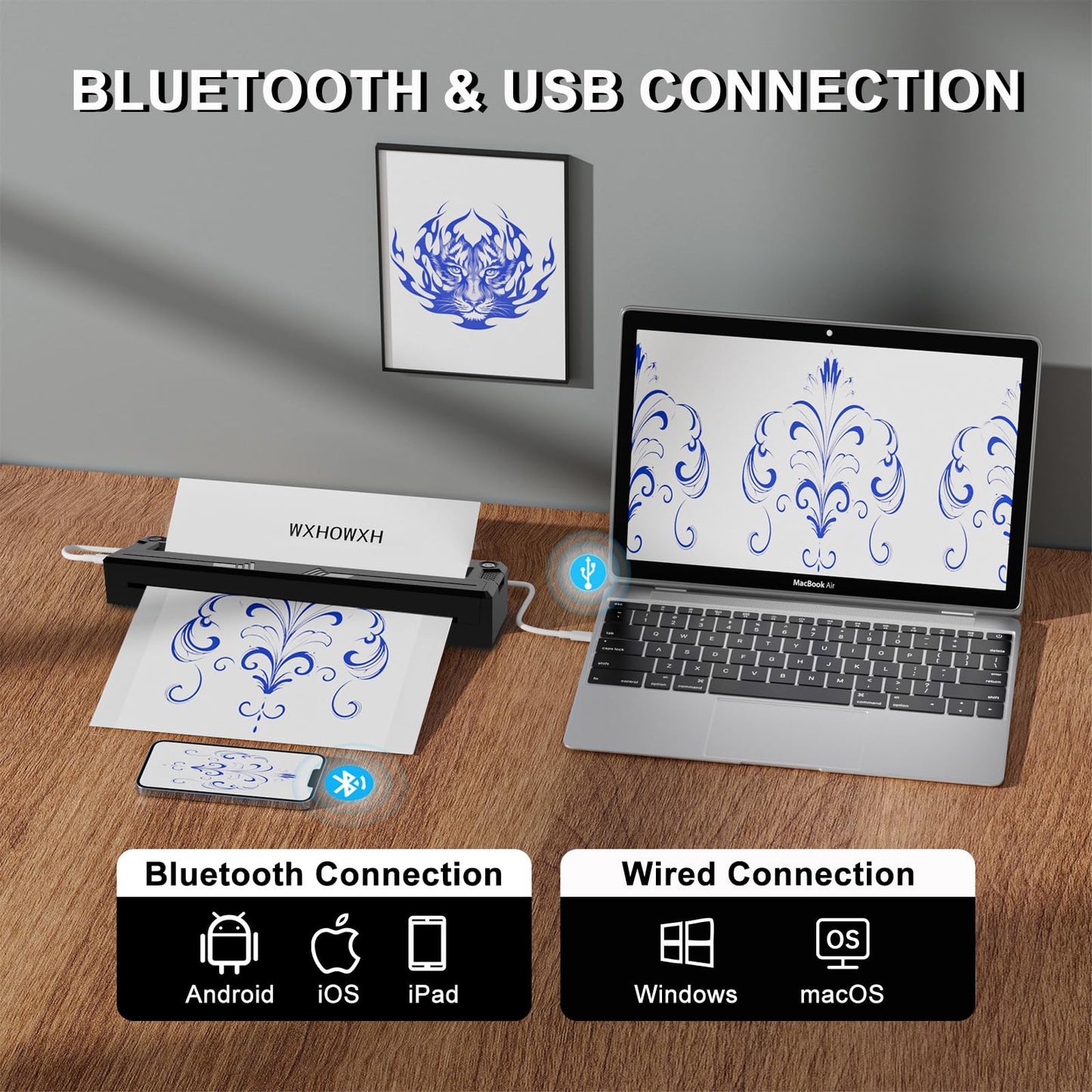 WXHOWXH Tattoo Stencil Printer,Tattoo Machine for Artists&Beginners,Without Transfer Paper,Portable Wireless Bluetooth Printer Compatible with Phone&PC