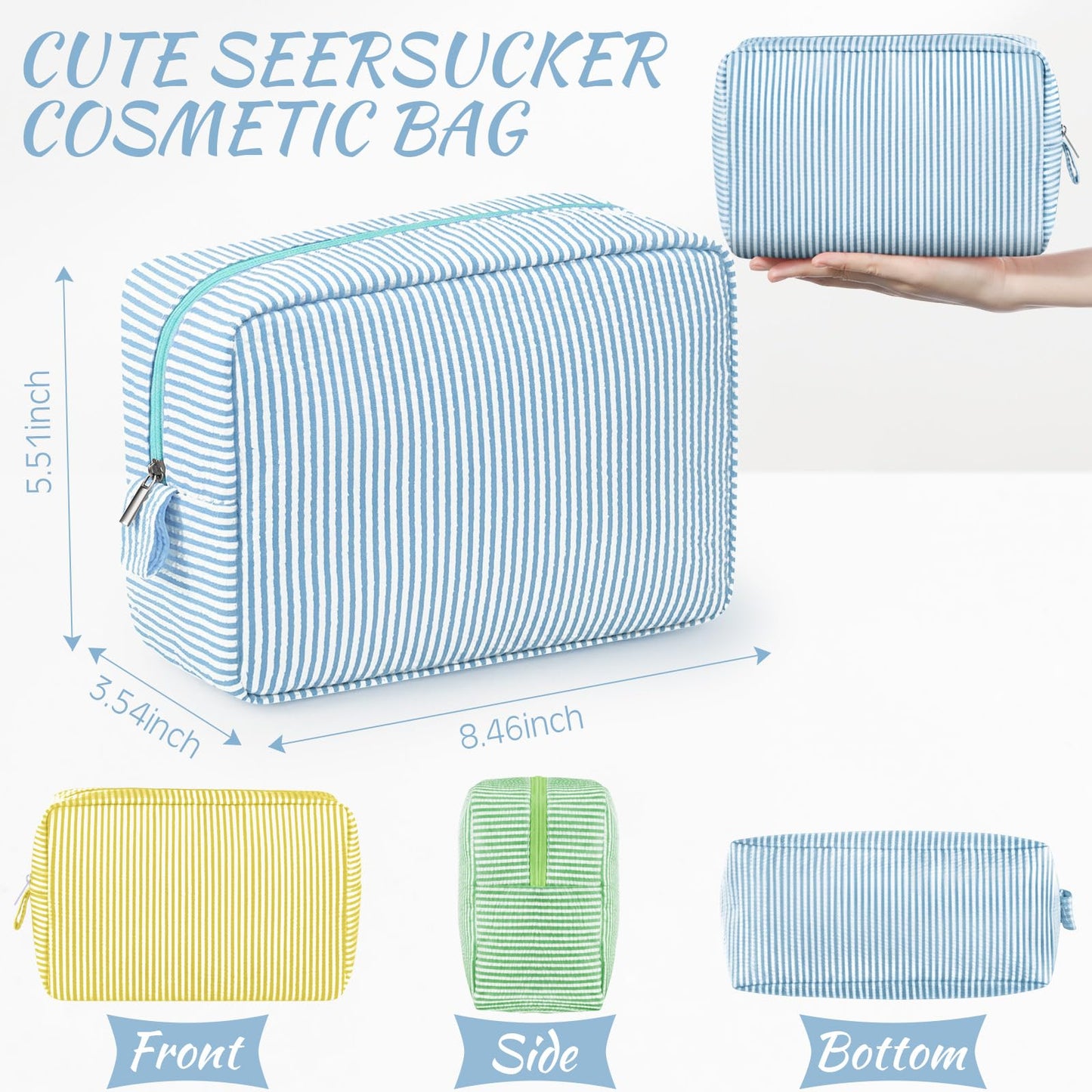 Sanwuta 3 Pcs Seersucker Makeup Bags Seersucker Cosmetic Bags Striped Women Large Travel Toiletry Organizer Preppy Storage Pouch for Embroidery Wedding Bridesmaid Gifts(Yellow, Green, Lake Blue)