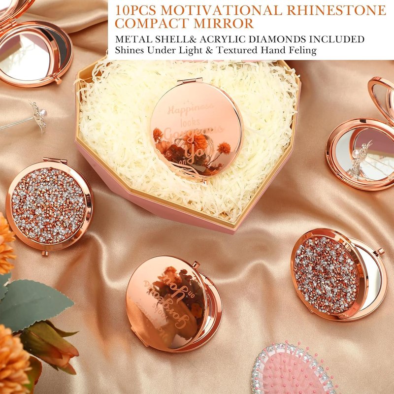 Inspirational Compact Mirror - 10 Pcs Double-Sided Pocket Mirror with Rhinestones | Portable Handheld Makeup Mirror for Women & Girls