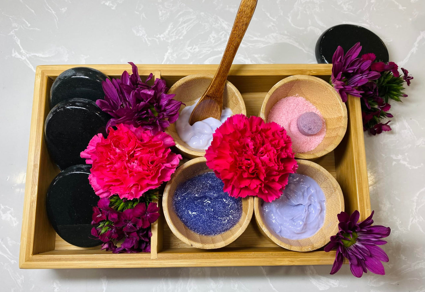 Pedicure Spa Tray, Bamboo Tray Set includes 4 bamboo bowls, bamboo spoon, Bamboo Spa Tray: 10 x 6 x 1.3 inches