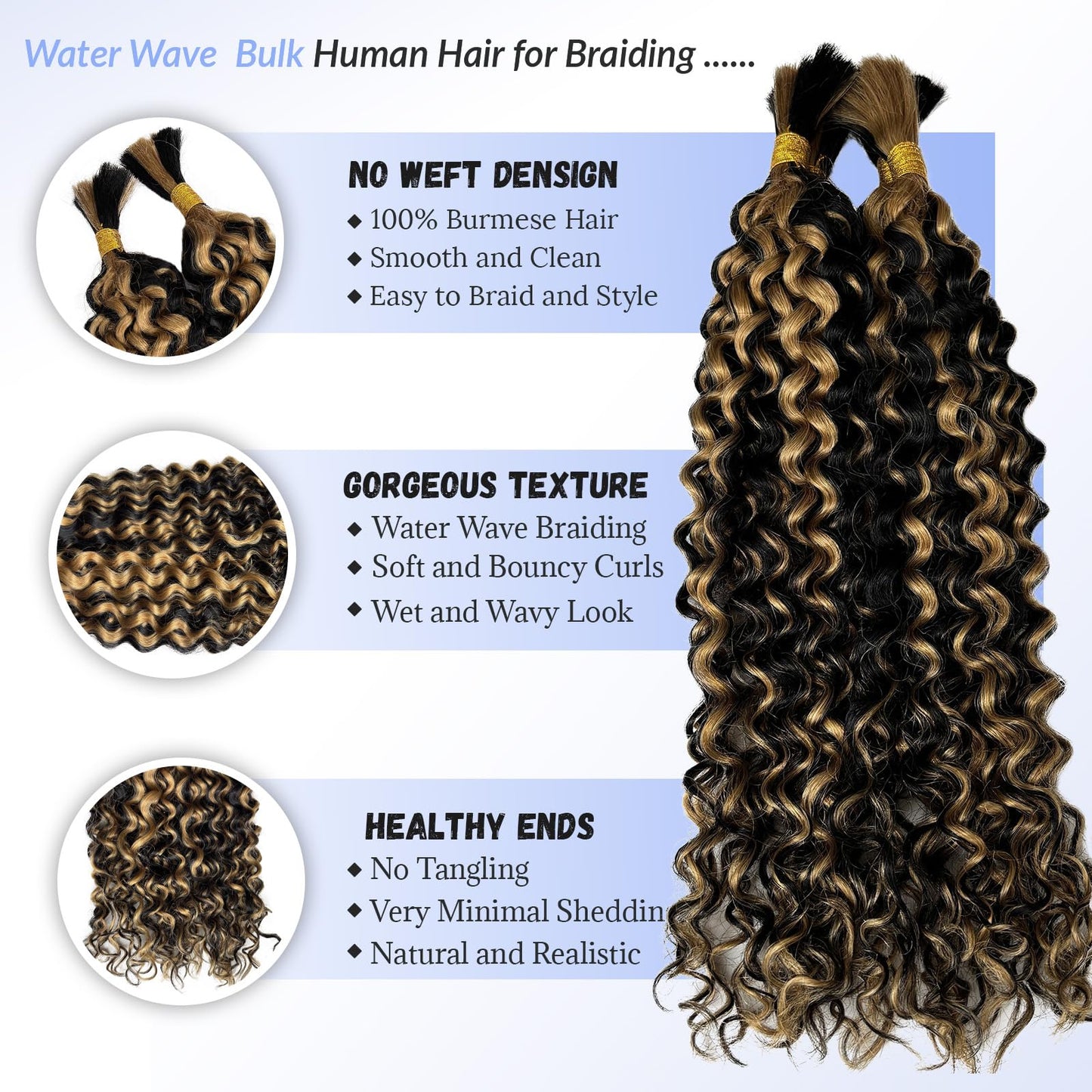 Blonde Human Braiding Hair 18 Inch Deep Water Wave Boho Human Hair for Braiding Color #24 Light Blonde Bundles 100% Burmese Human Hair for Boho Braids Two Bundles 100G Weft and Wavy Curly Bulk Hair