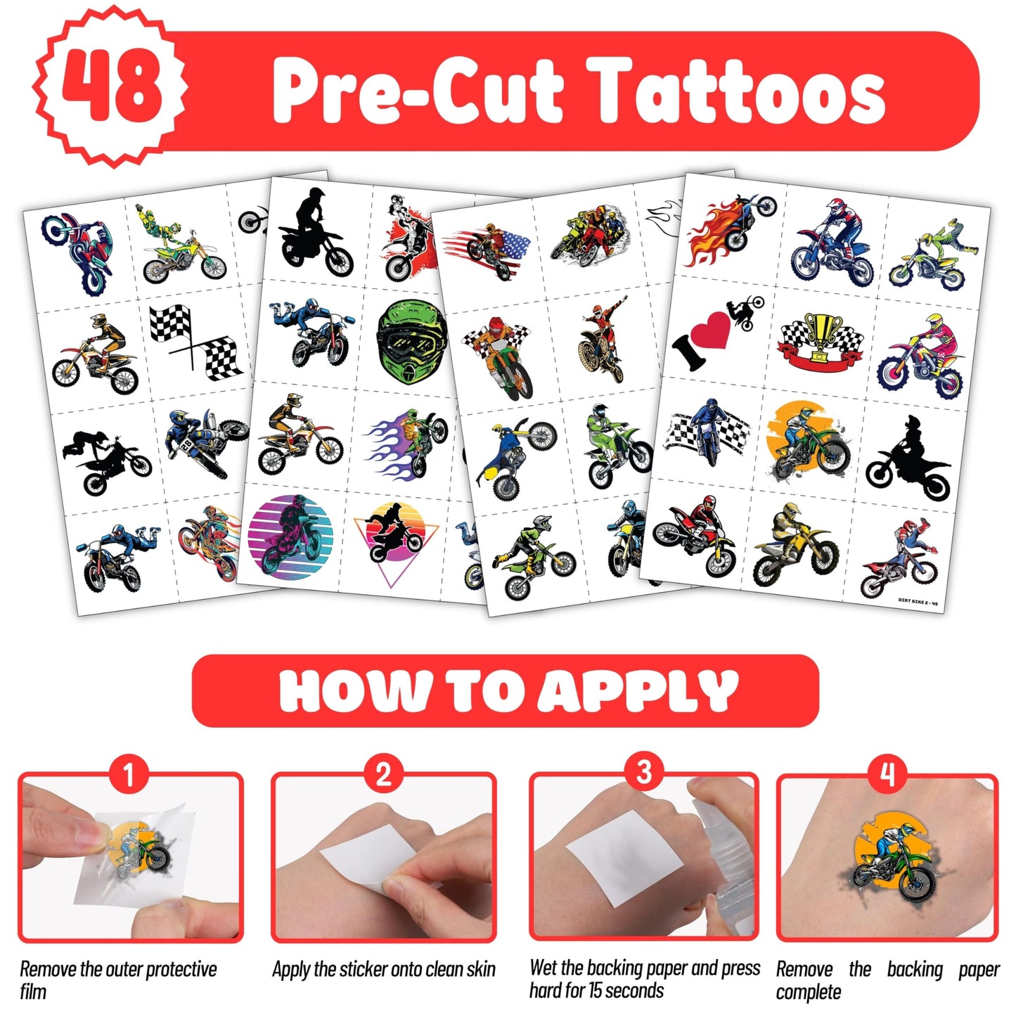 72 PCS Dirt Bike Party Favors - 48 Temporary Pre-Cut Tattoos & 24 Slap Bracelets - Fun Party Favors for Boys & Girls, Birthday Goodie Bag Fillers, Baby Shower Gifts, Classroom Rewards