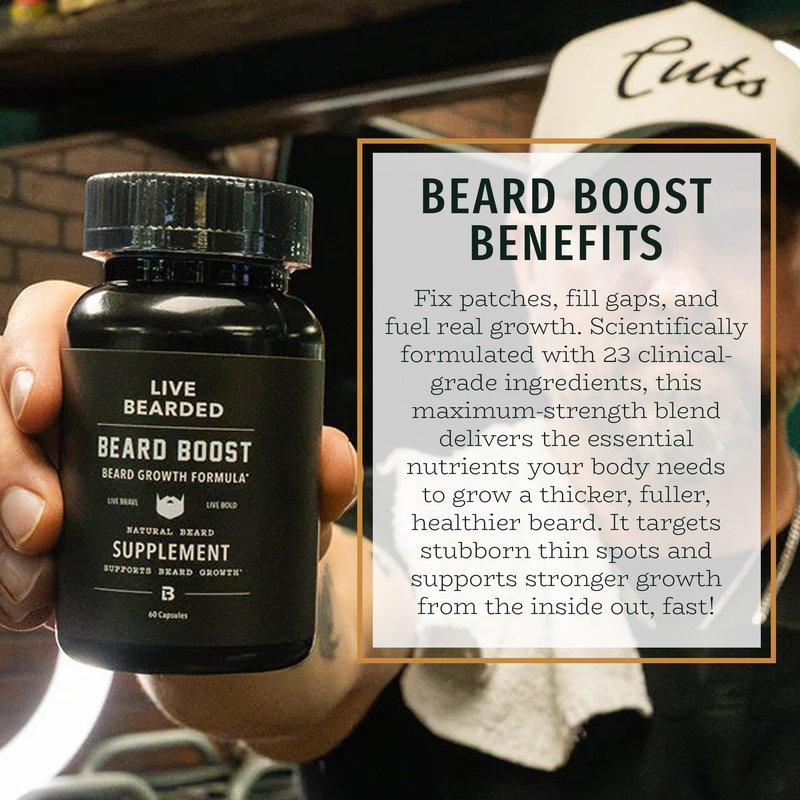 Live Bearded Beard Boost - Beard Growth Vitamins for Men with Biotin, Collagen, Silica, Fo-Ti Root - Facial Hair Growth for Men, Made in the USA | 30-Day Supply