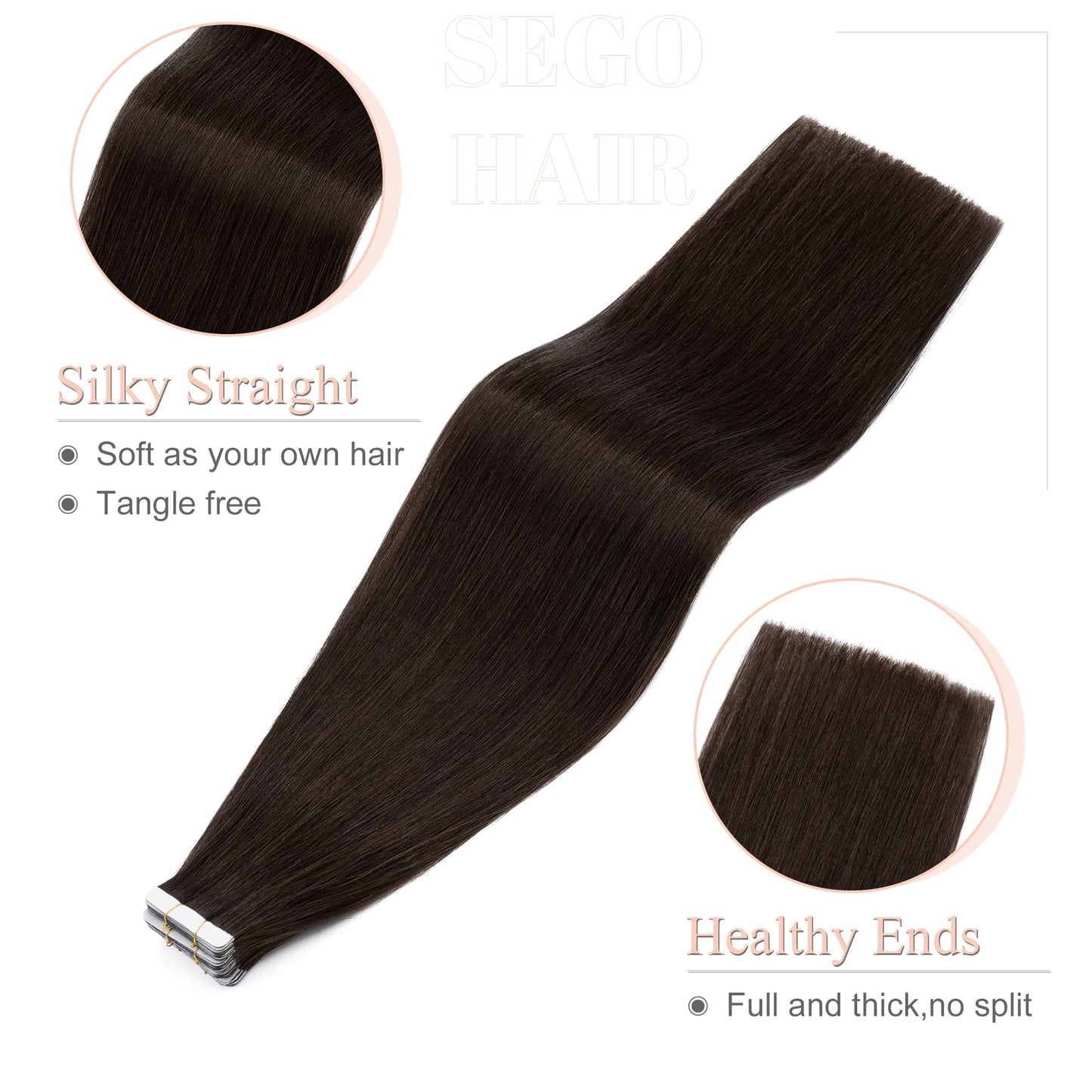SEGO Tape In Hair Extensions Human Hair, 20pcs 50g 16 Inch Dark Brown Remy Straight Human Hair Tape In Extensions for Women -#02 Dark Brown