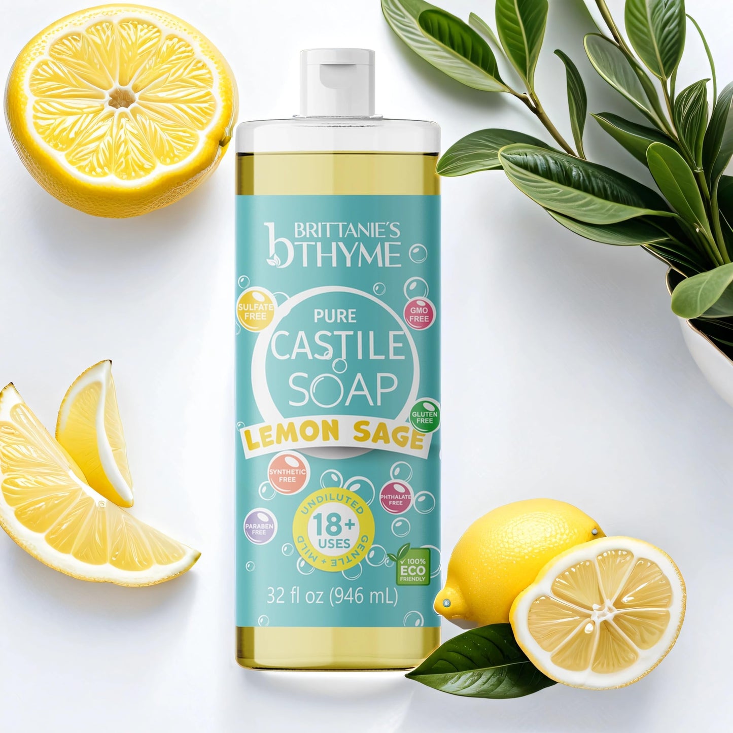 Brittanie's Thyme Pure Castile Liquid Soap Variety, Lavender/Peppermint/Lemon, 32 oz Pack of 3 | For Hair & Body, Gentle and Pure, Made with Natural Luxurious Oils, Vegan & Gluten Free Non-GMO