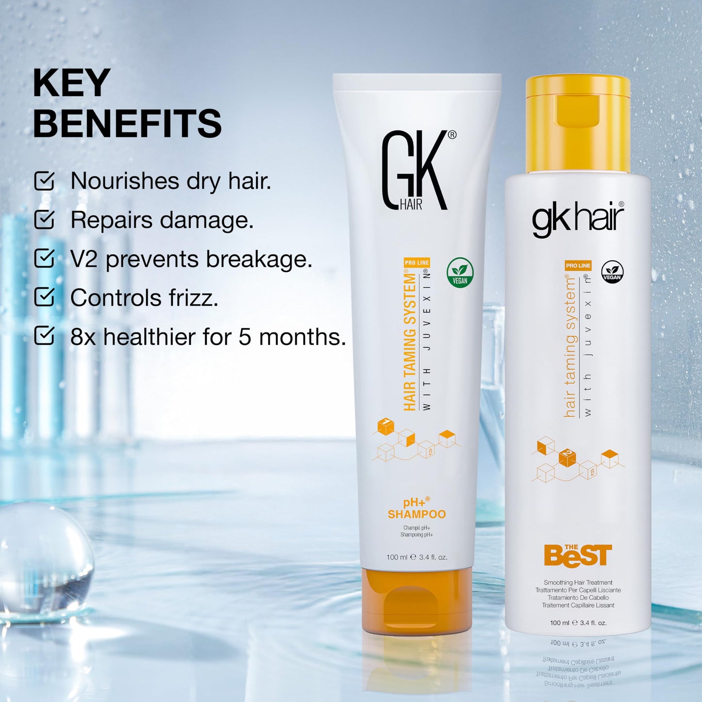 GK HAIR – Smoothing Keratin Treatment & pH Clarifying Shampoo Set 3.4 Oz – Frizz Control & Shine Enhancement System for Unruly, Strengthening Hair Healthy With Juvexin V2 Plant Protein & Aloe Vera