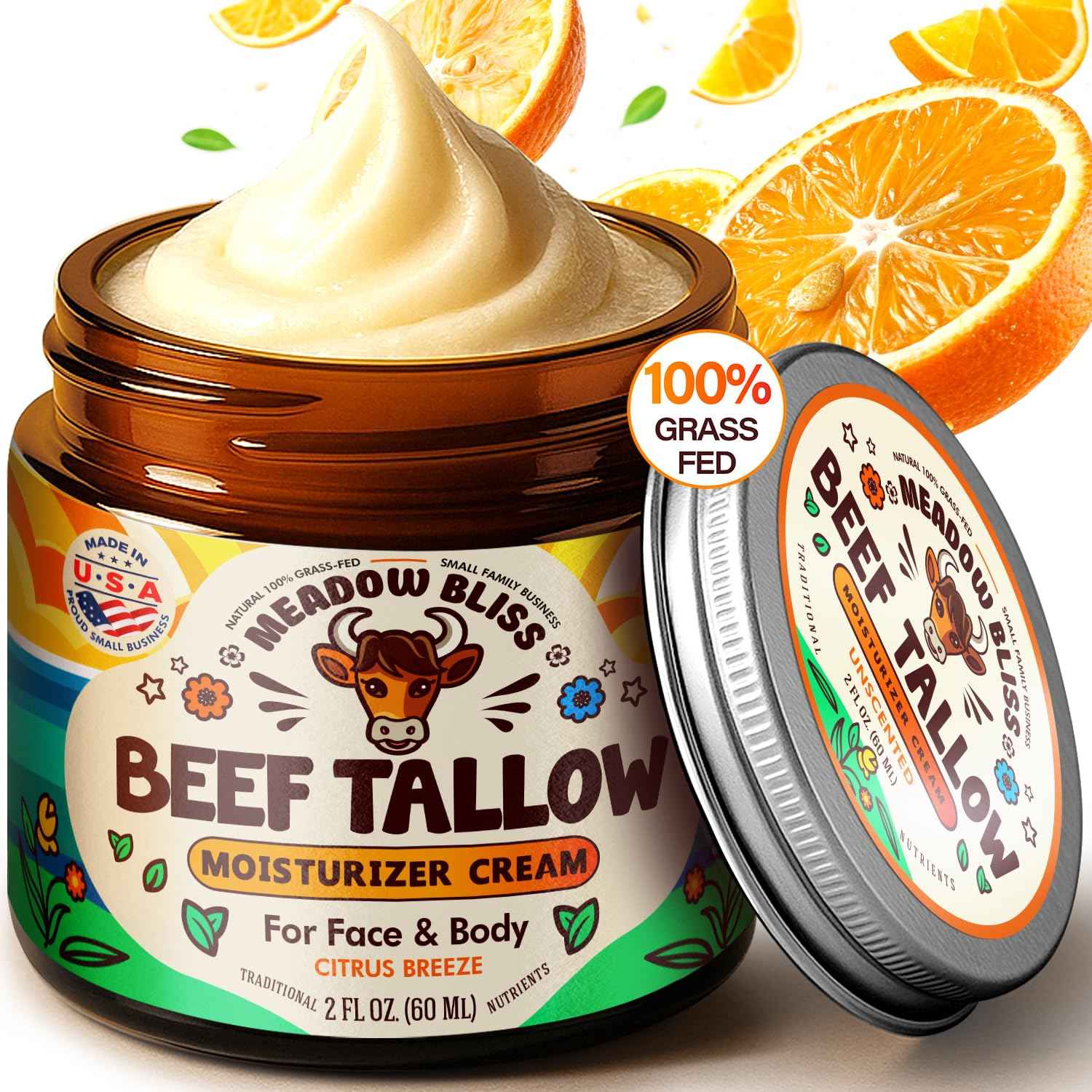 Beef Tallow for Skin - Moisturizer Cream - 100% Grass Fed - Whipped Beef Tallow - Organic Jojoba Oil - Organic Shea Butter - Supports Eczema, Rosacea+ - Made in USA - Citrus Breeze - 2 oz