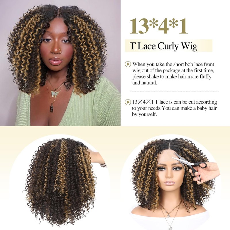 WIGER 15 inch Short Bob Lace Front Wigs 13X4X1 Curly T Part Wigs Middle Part Afro Kinky Curly Wigs Natural Black Synthetic Curly Wig For African American women