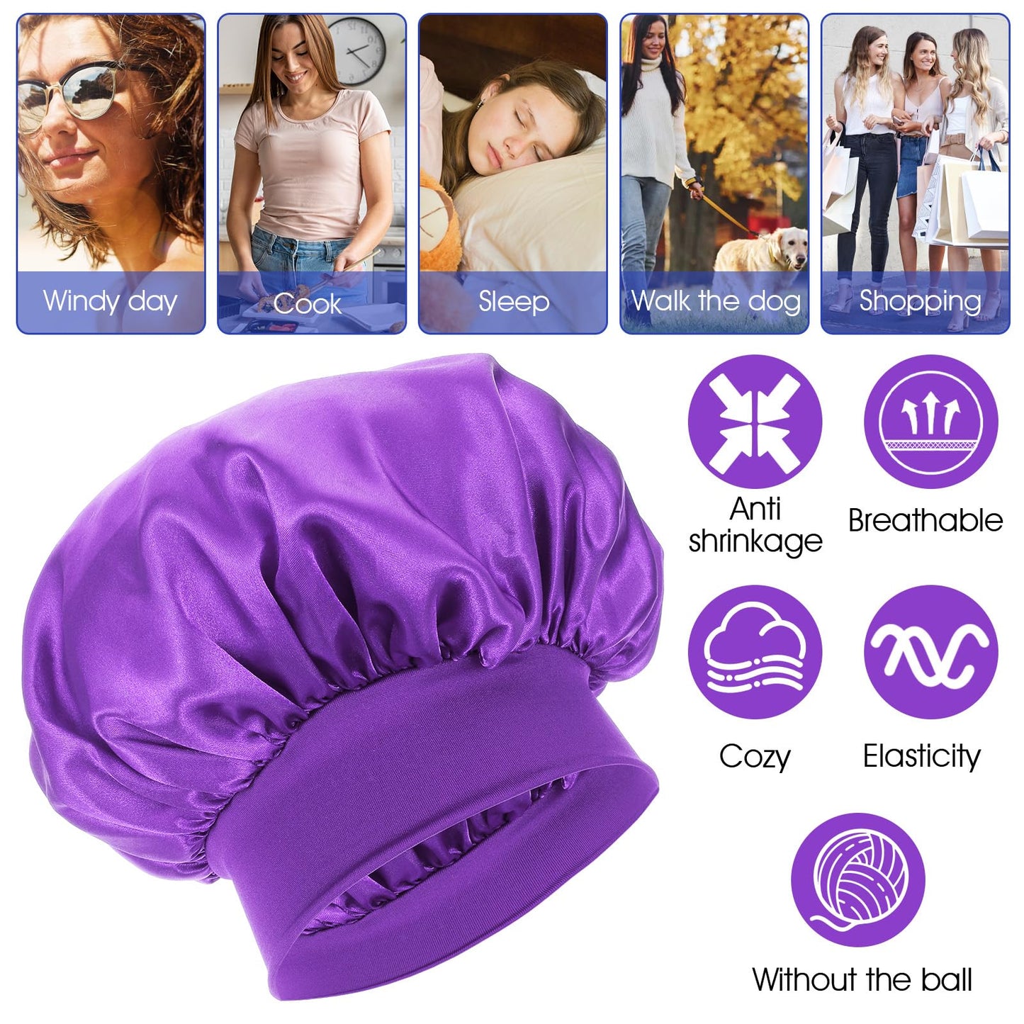 COMNICO 22 Pcs Silk Hair Bonnet for Sleeping, Elastic Wide Band Satin Bonnets Reusable Soft Sleep Cap Color Large Bathing Shower Cap for Women Curly Hair