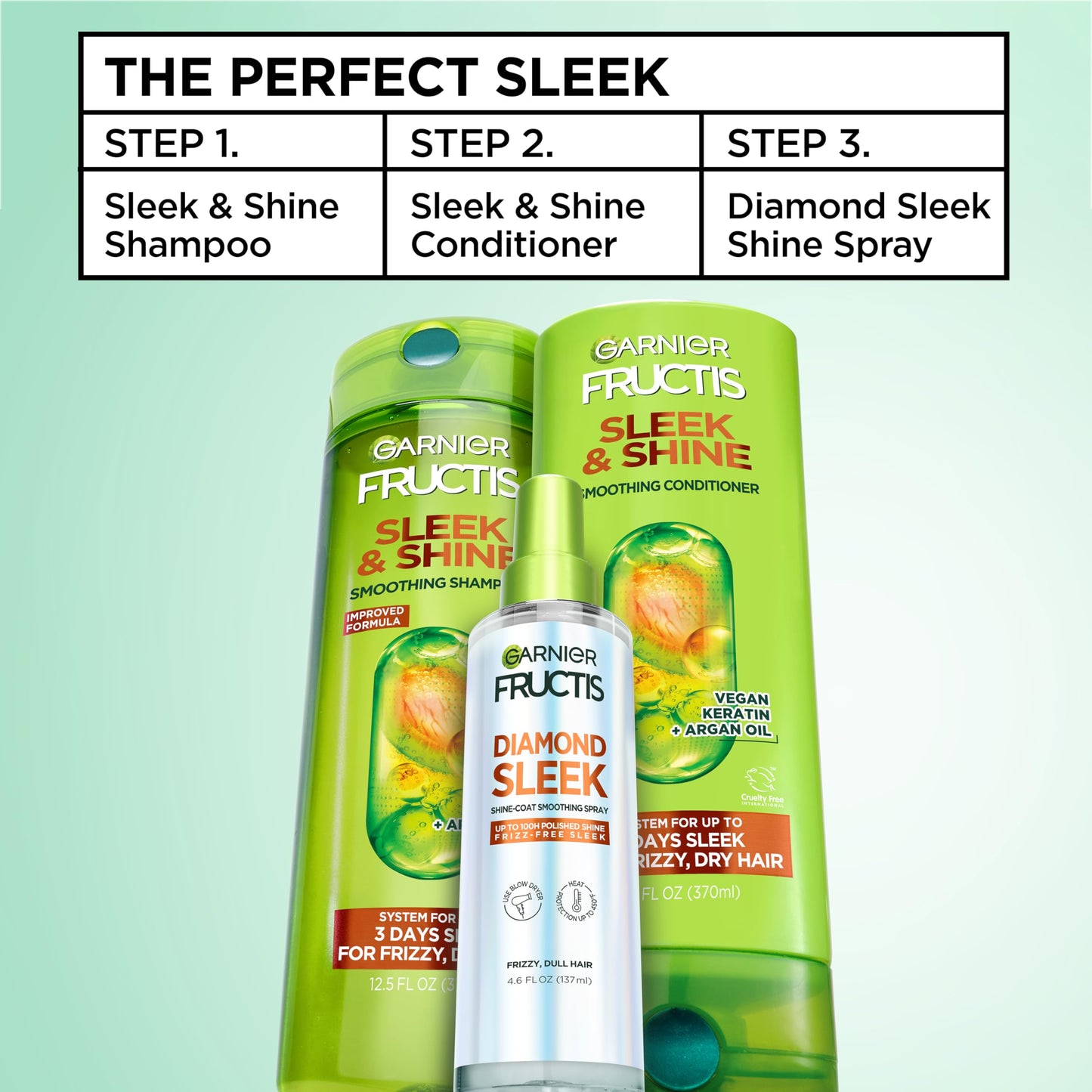 Garnier Fructis Diamond Sleek Hair Shine Spray, Up to 100-Hour Frizz Control, Heat Protectant up to 450°F with Vegan Keratin Smoothing Complex and Argan Oil for Frizzy, Dry, Dull Hair, 4.6 Fl Oz