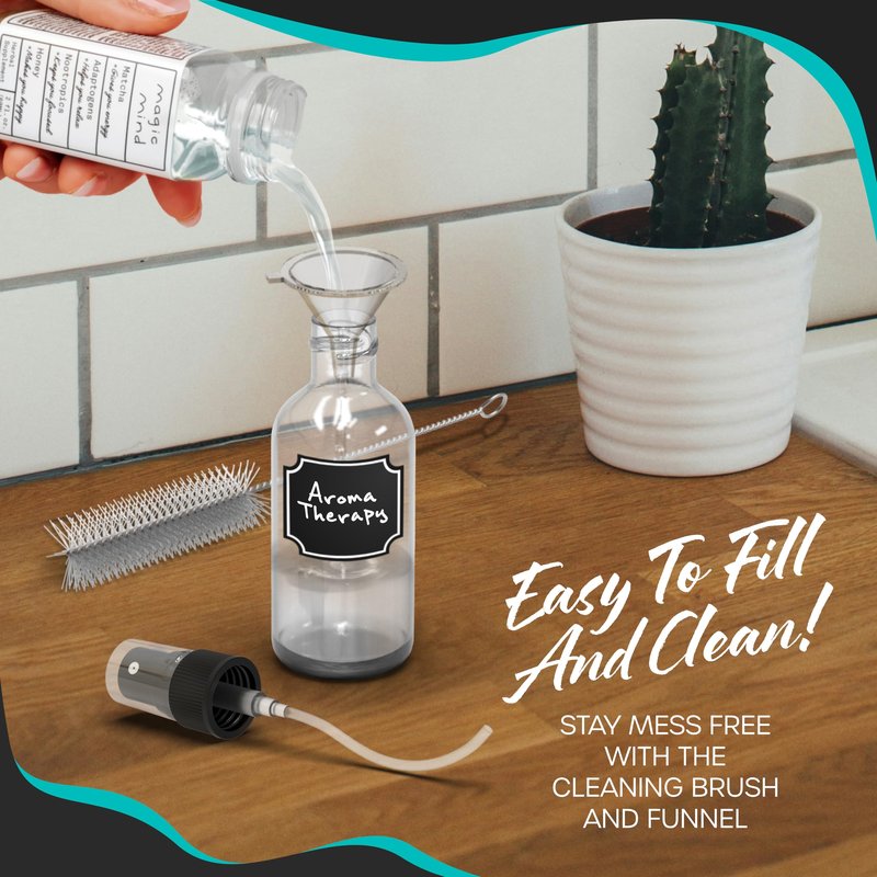 Nevlers Clear Glass Small Spray Bottle 2 Oz 24 PK | Small Travel Spray Bottle Set w/Shrink Wrap, Funnel, Brush, Marker & Labels | Hair, Face & Body Spritzer Bottles | Small Atomizer Fine Mist Sprayer