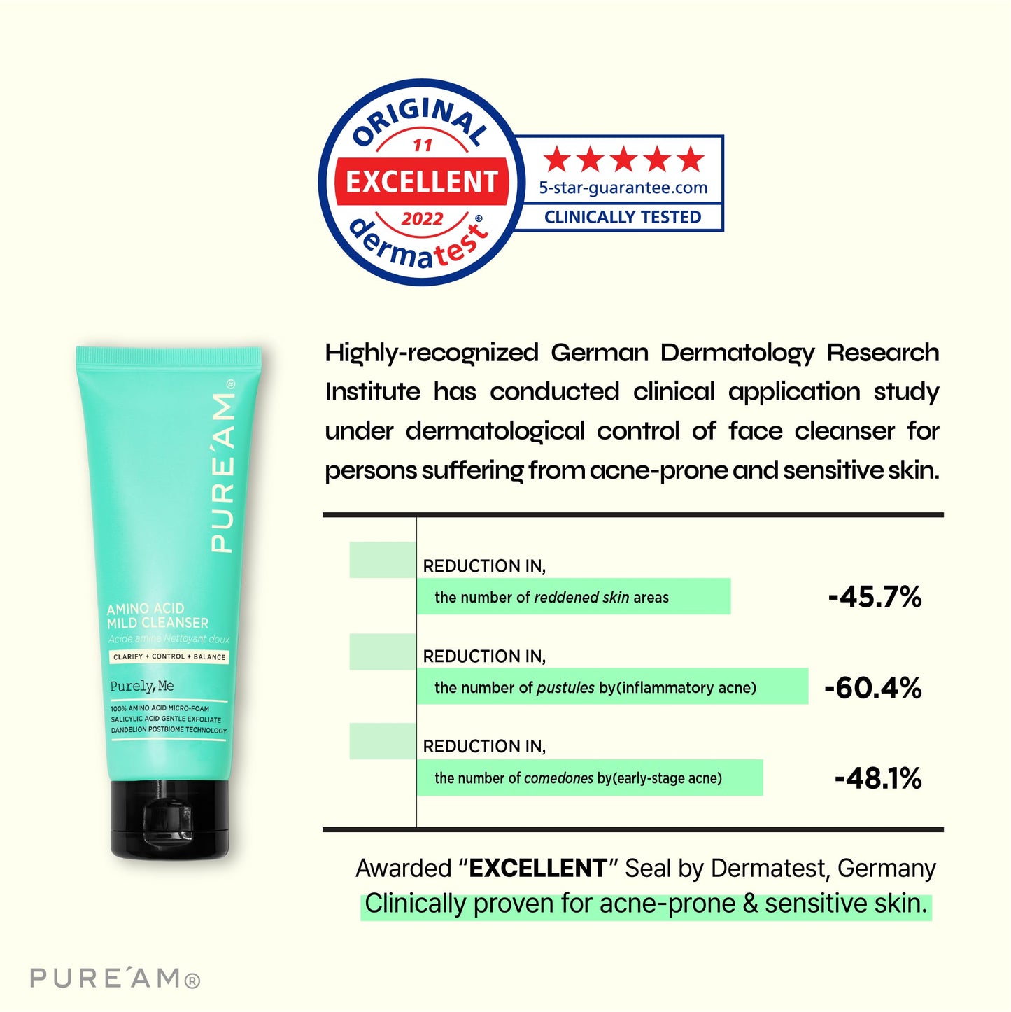 PURE'AM - Gentle Face Wash with Amino Acids, Salicylic Acid - 4.05 Fl.oz, 120ml - Korean Face Cleanser - Clarifying, Foaming, Deep Pore Cleaning, pH Balancing, Oil Control - Authentic Korean Skin Care