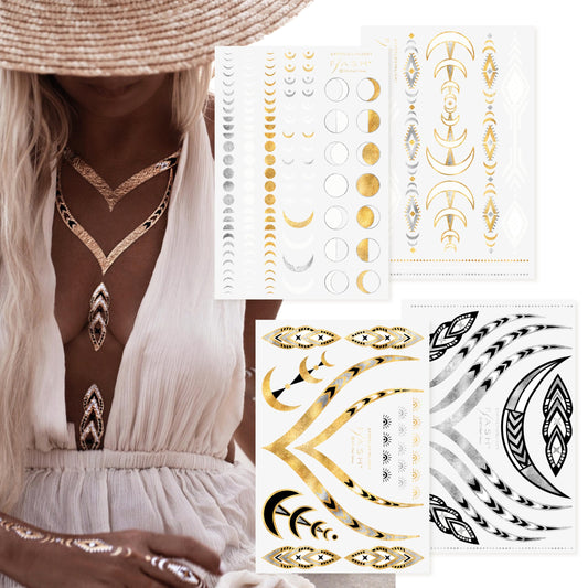 Flash Tattoos Lunar Love Authentic Metallic Temporary Tattoos 4 Sheet Pack (Black/gold/silver/white) - Includes Over 38 Premium Waterproof Tattoos