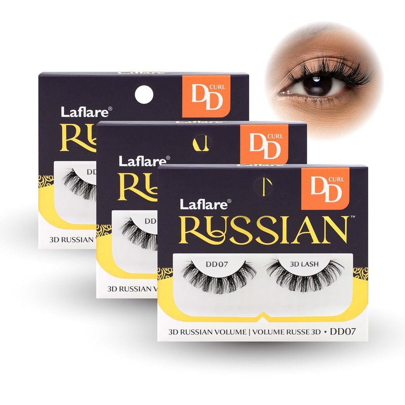 Laflare 3D False Eyelashes - Russian Volume Strip Lashes | Fluffy, Wispy, Lightweight | Faux Mink D Curl, 3-Pack Combo