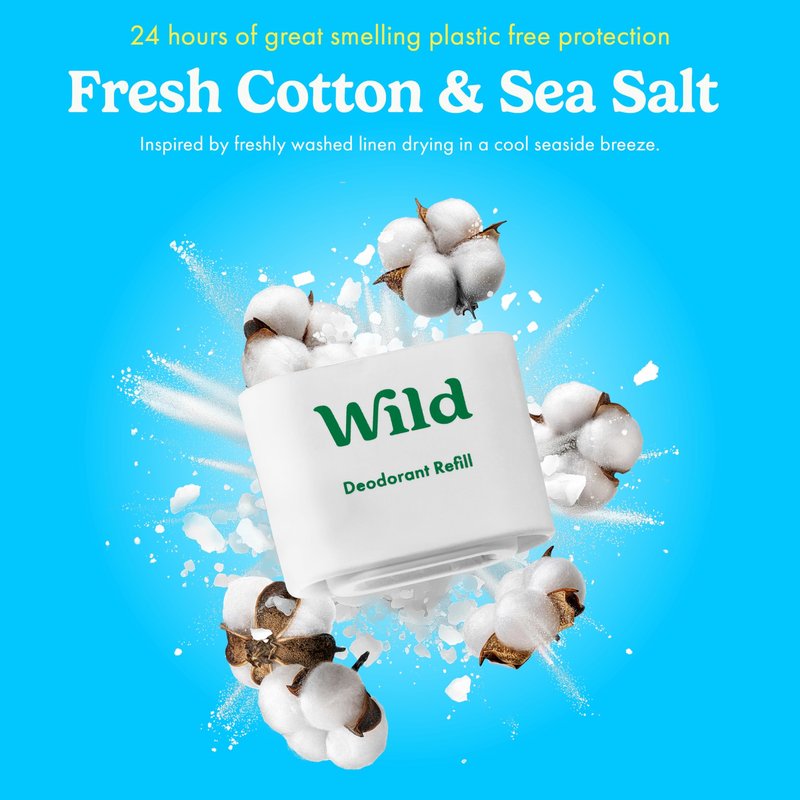 Wild Aluminum Free Deodorant Starter Kit - Refillable Stick Deodorant with Aqua Applicator Case & Vegan Refill Variety Pack - Fresh Cotton & Sea Salt, Cherry Blossom and Coconut & Vanilla Scents