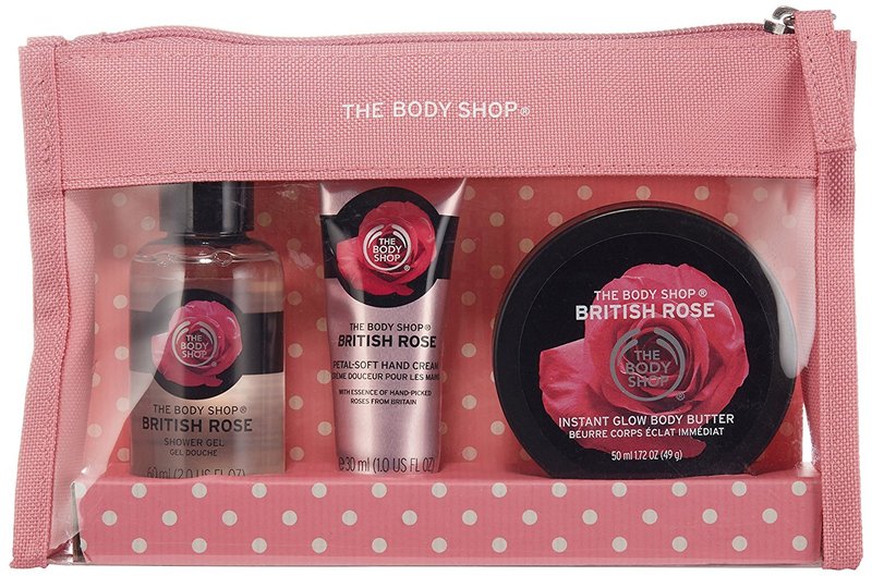 The Body Shop British Rose Beauty Bag Gift Set, 3pc Bath and Body Gift Set of Travel Size British Rose Body Care