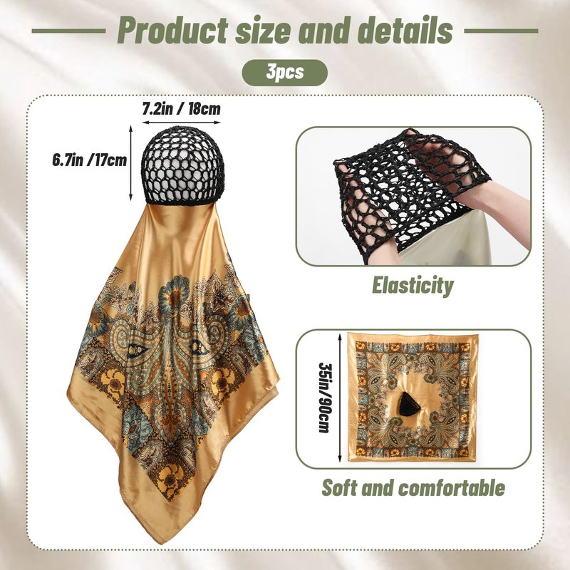 Funnysoft 3 Pcs Wrap Hair Net with Scarf, Women Silk Press Doobie Hair Wrap Netted Scarf 2 in 1 Easy-to-use for Silk Press & Nighttime Care, Sleep & Shower Cap(Luxury Boho,Beige Yellow Gold)