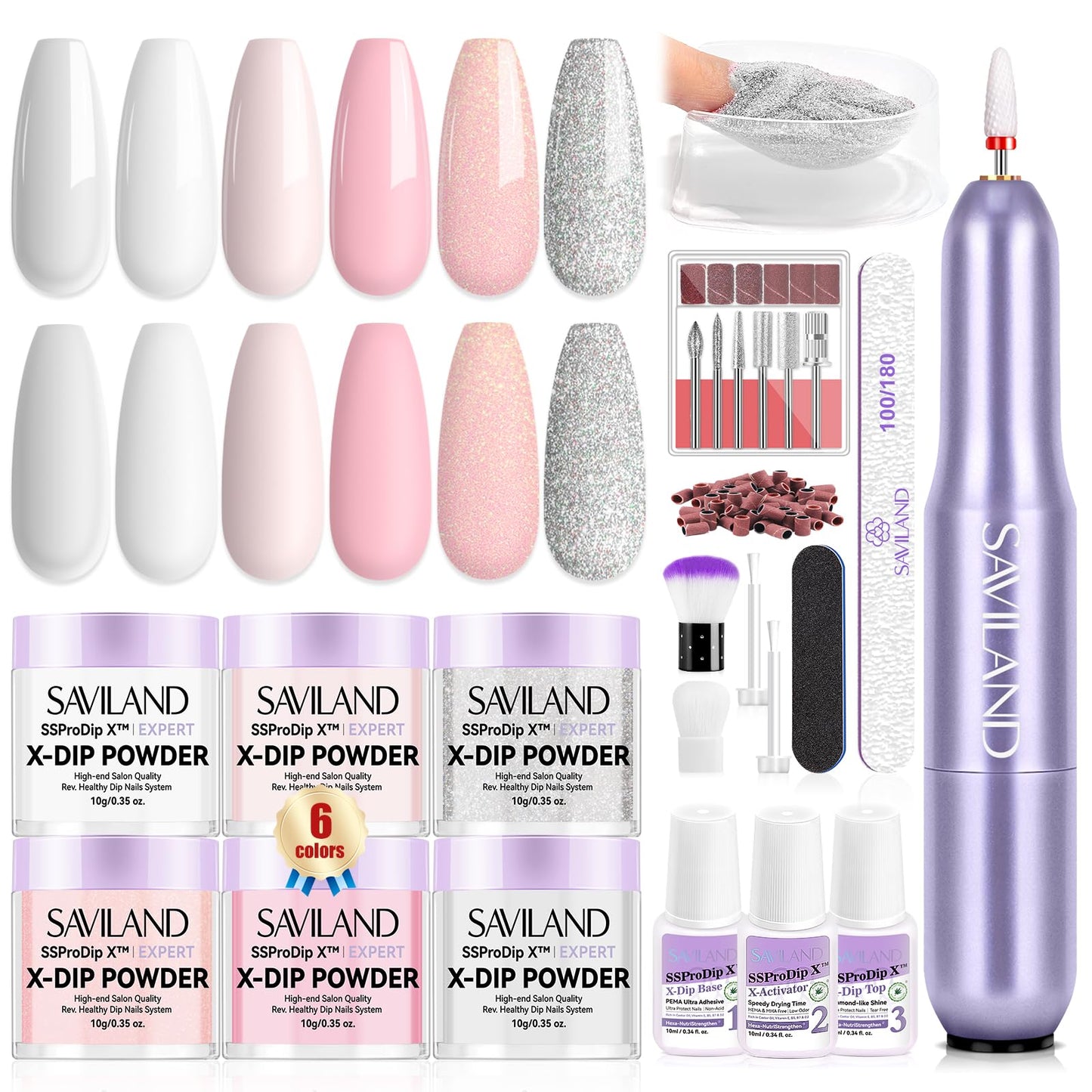 SAVILAND 103 Pcs Dip Powder Nail Kit with Nail Drill: 30 Colors Pink Glitter Blue Purple Dip Nails Powder Starter Kit Dipping Liquid Set Dip Base & Top Activator Brush Saver Manicure Christmas Gift