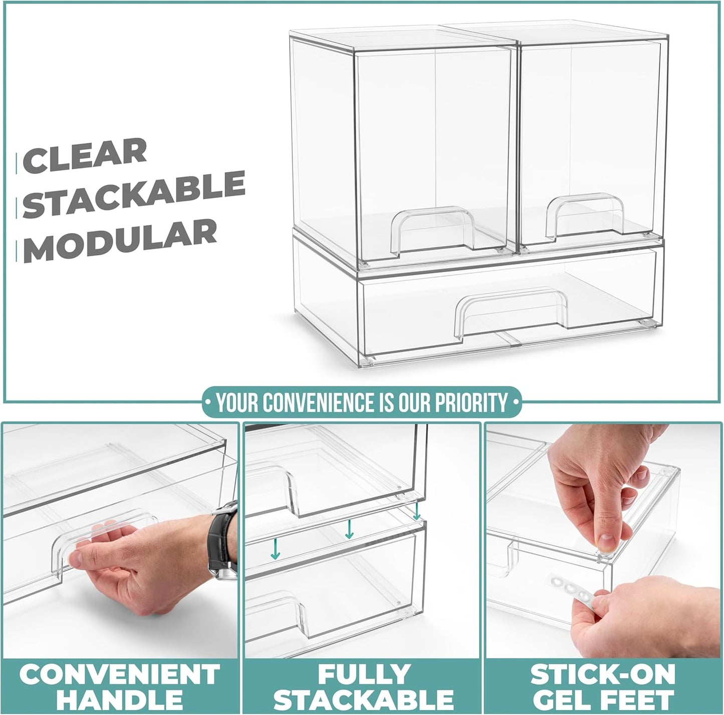 Acrylic Storage Containers - 3 Pack Stackable Bins for Bathroom Organization | Clear Makeup Drawer Organizers (7.6’’ Tall, 12.1’’ Wide)