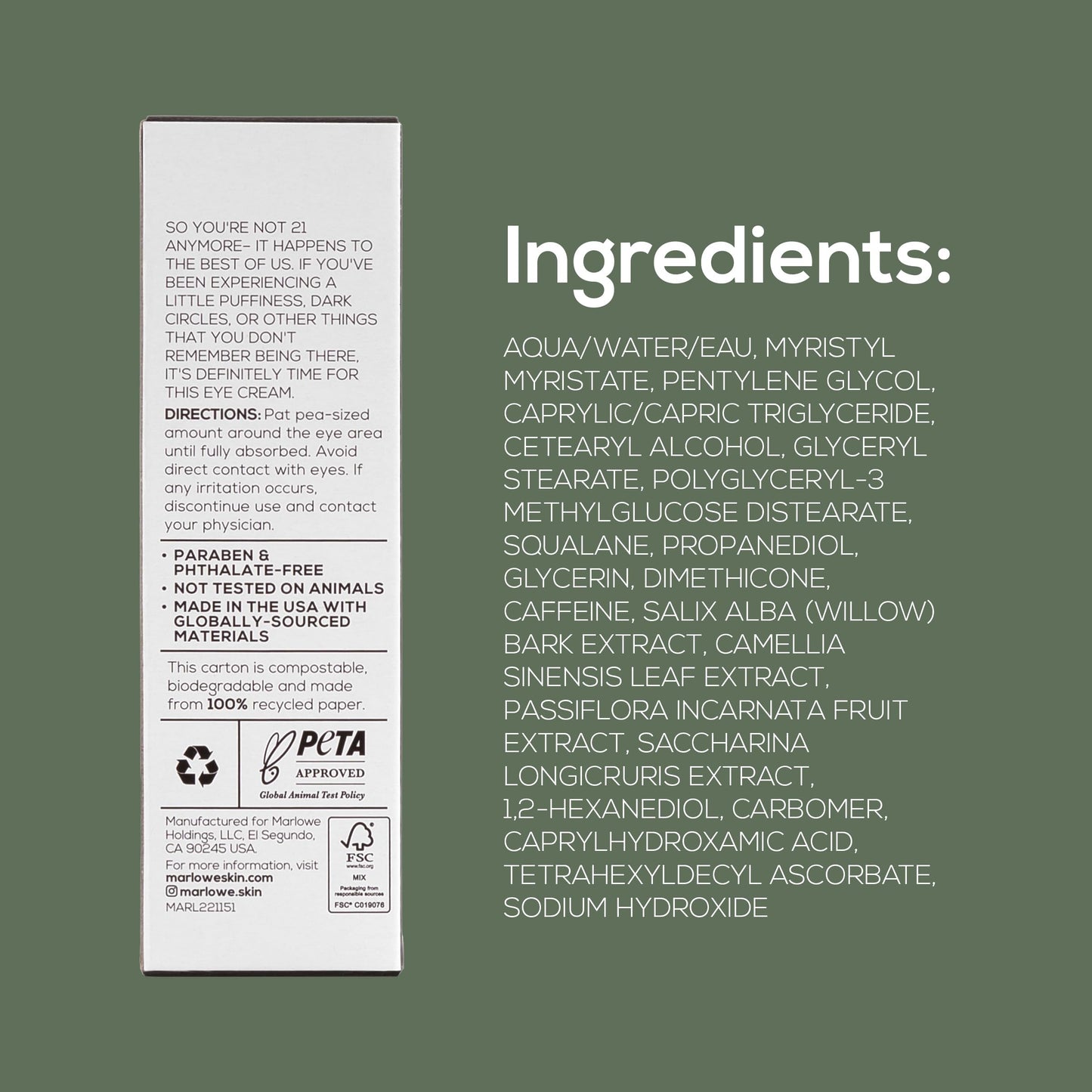 MARLOWE. Eye Cream for Dark Circles and Puffiness, Moisturizing, 0.5 oz