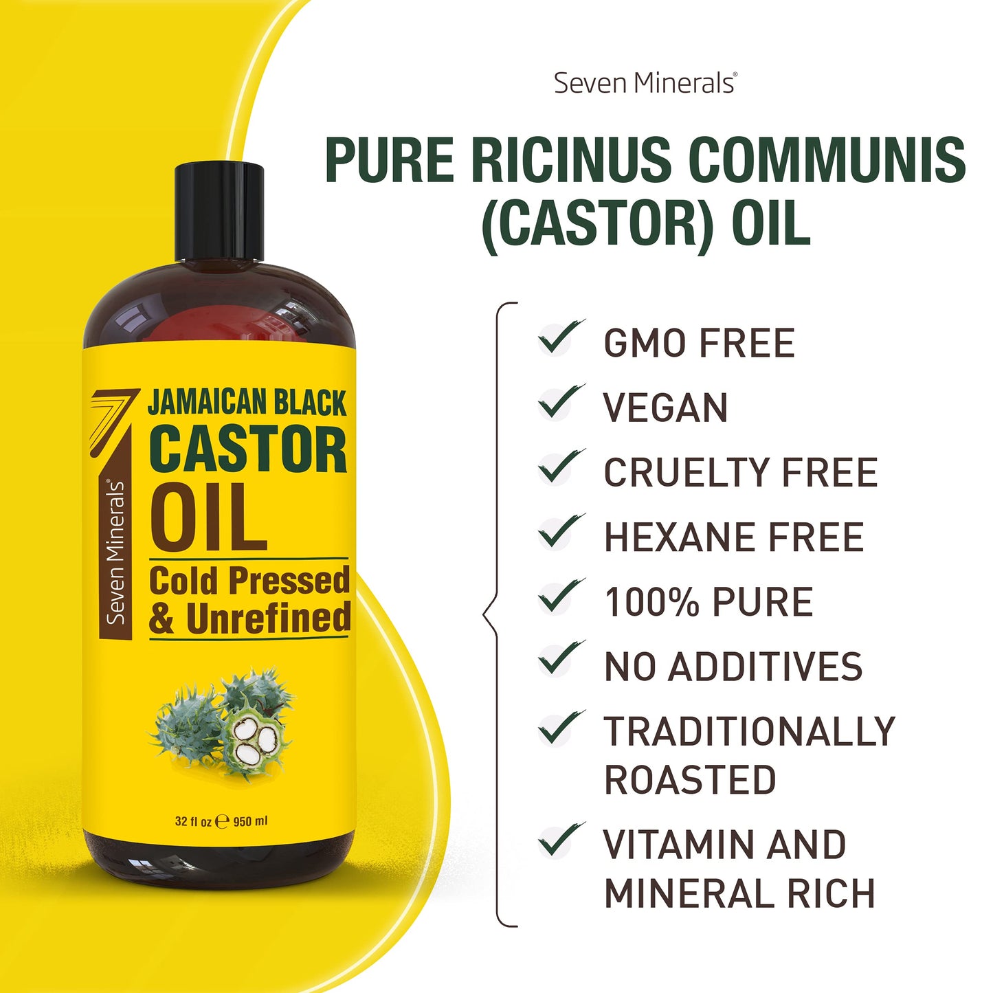 Seven Minerals, Pure Jamaican Black Castor Oil - Big 32 fl oz Bottle - Unrefined & Hexane Free - for Hair Growth, Thicker Eyelashes & Eyebrows, Dry Skin, Healing, Hair Care