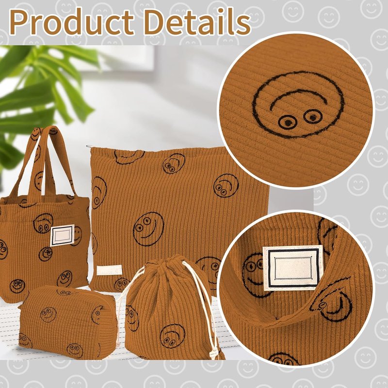 Corduroy Cosmetic Bag Set - 4 Pcs Aesthetic Toiletry Organizer | Small Drawstring Makeup Pouch