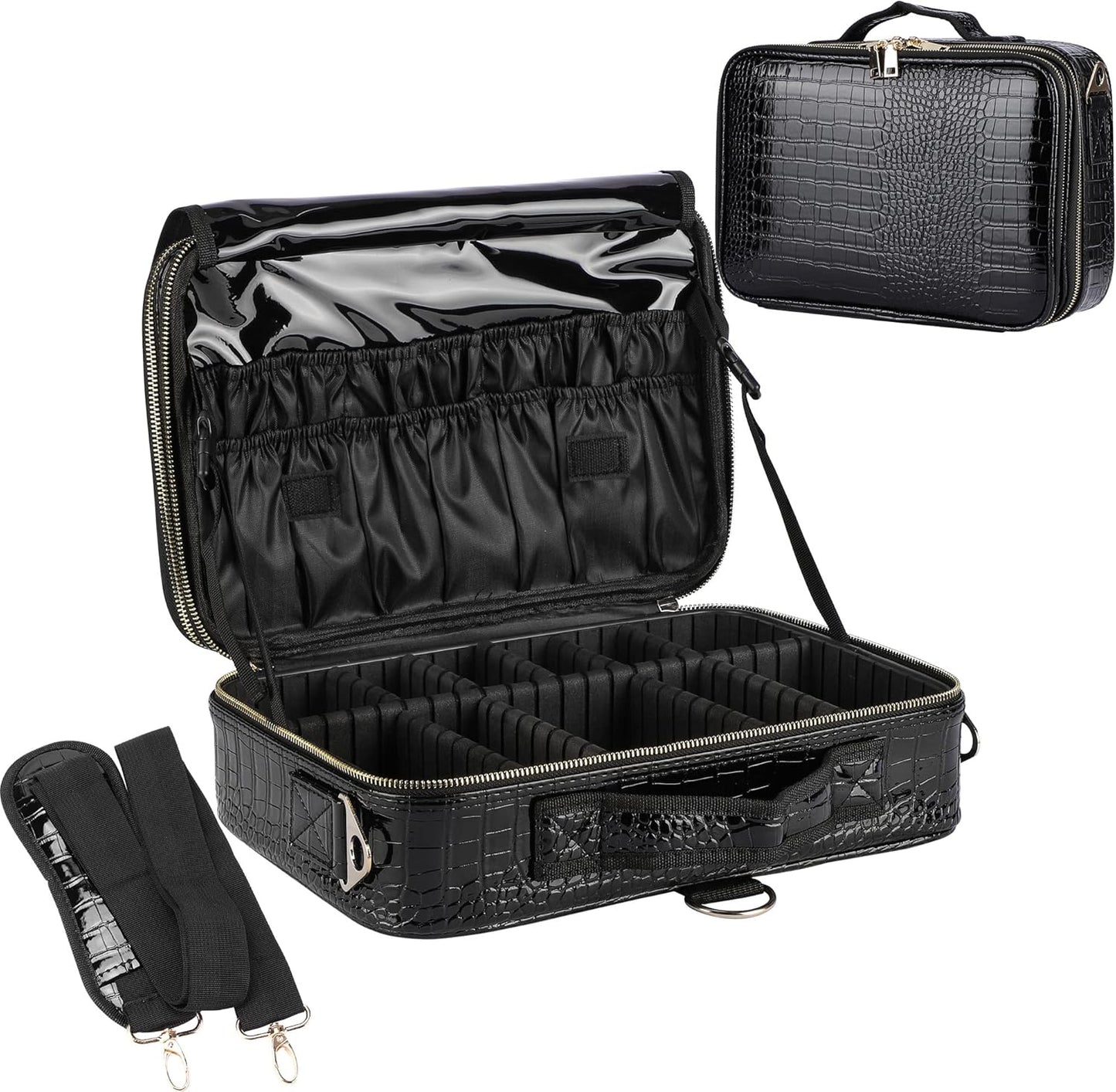 Travel Makeup Train Case - Large Capacity Cosmetic Bag Organizer for Women | Adjustable Dividers & Shoulder Strap - Medium Crocodile Pattern Black