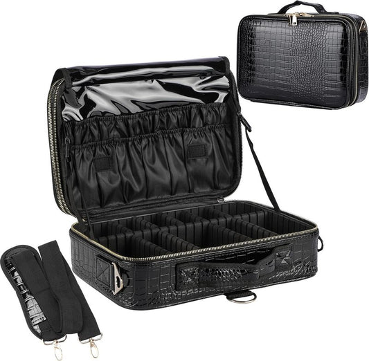 Travel Makeup Train Case - Large Capacity Cosmetic Bag Organizer for Women | Adjustable Dividers & Shoulder Strap - Medium Crocodile Pattern Black