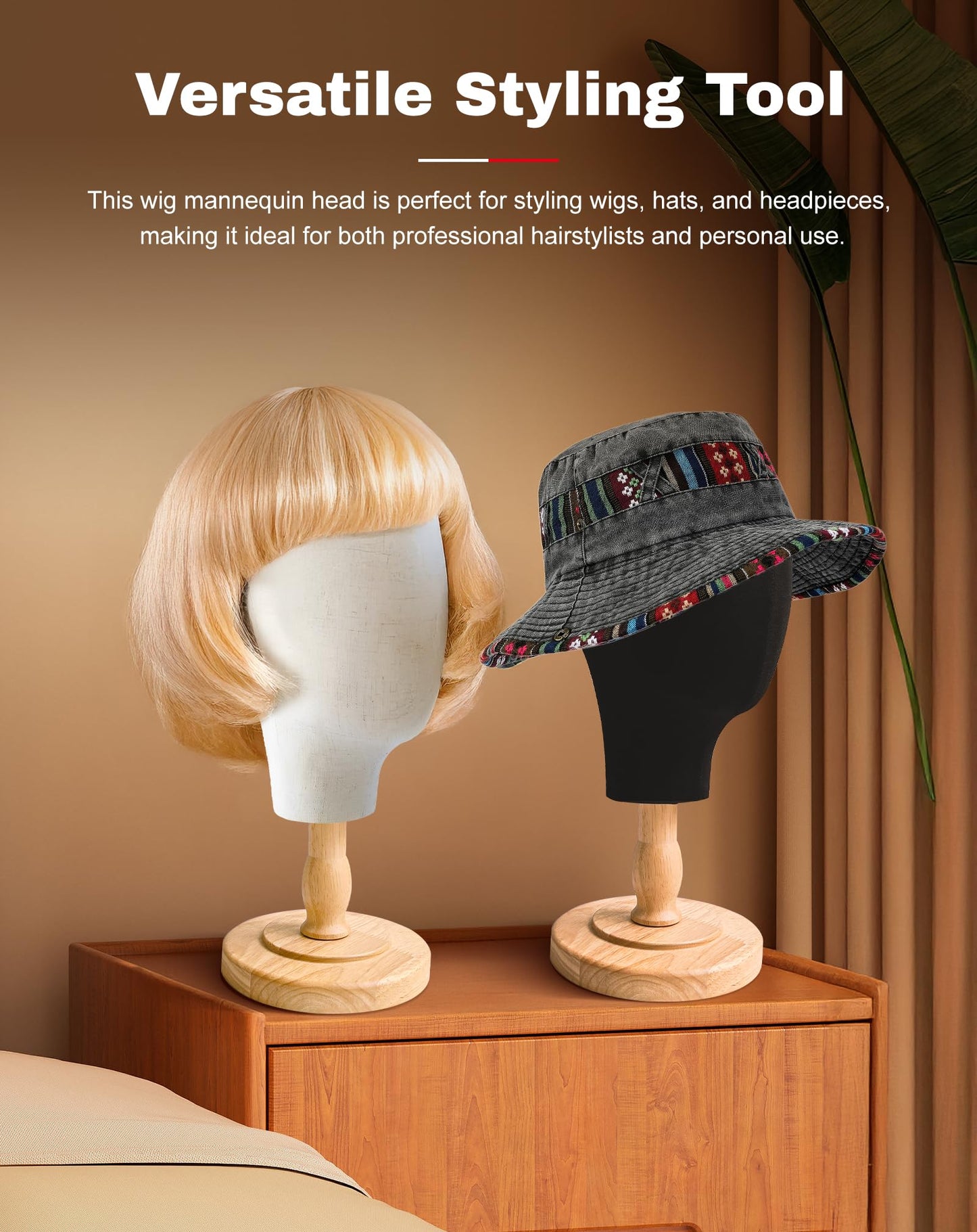 CHADWICK 21" Canvas Wig Head Stand with 7pc Alligator Clips & Pins Kit -Salon Mannequin Head for Wig Making, Hat Display, Styling Tools - Includes Detachable Wood Stand (002, 1PC+PJ)