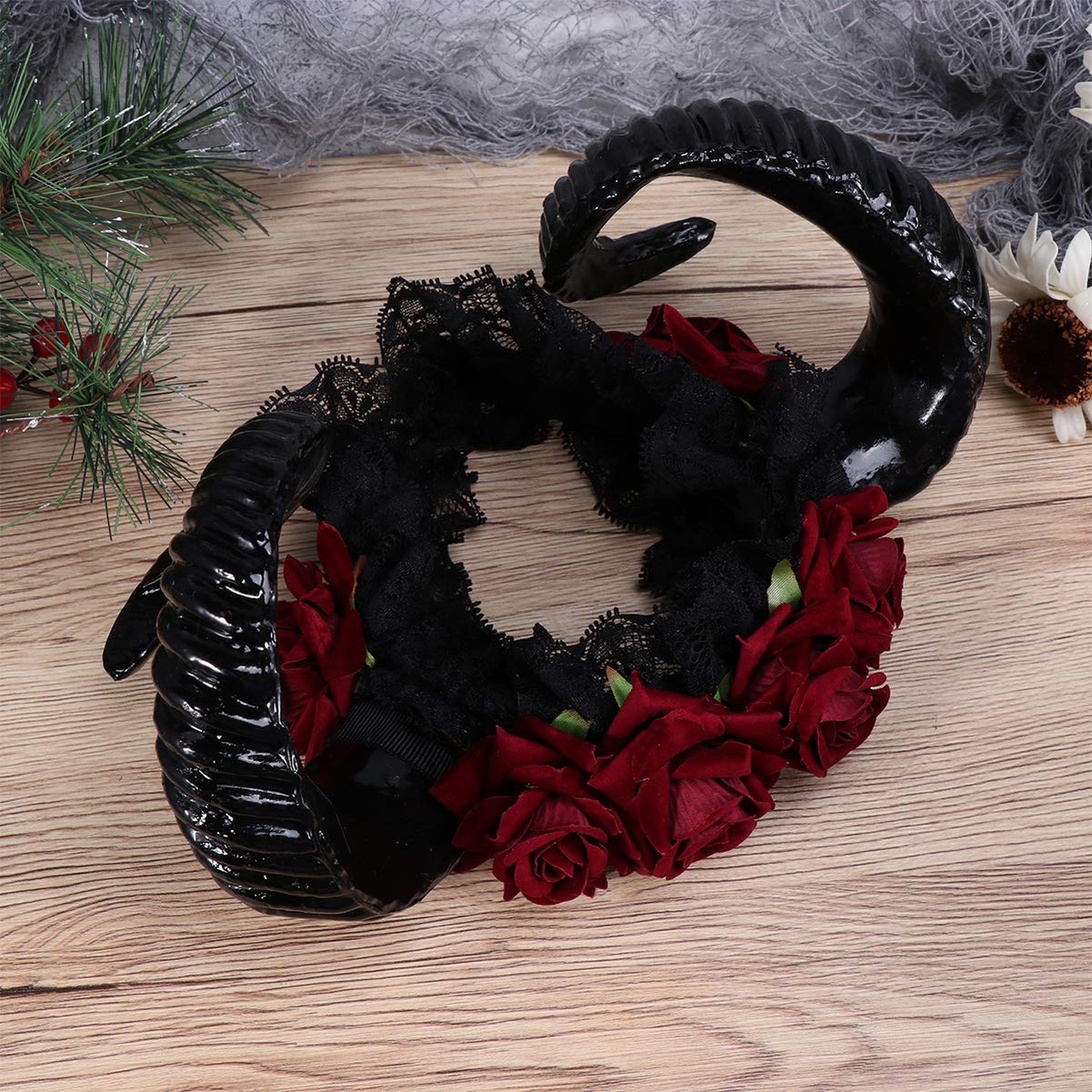 Beaupretty Gothic Restyle Sheep Horn Headband,Devil Floral Hornsn Headpiece Hair Accessories Hair Hoops Headdress for Halloween Cosplay