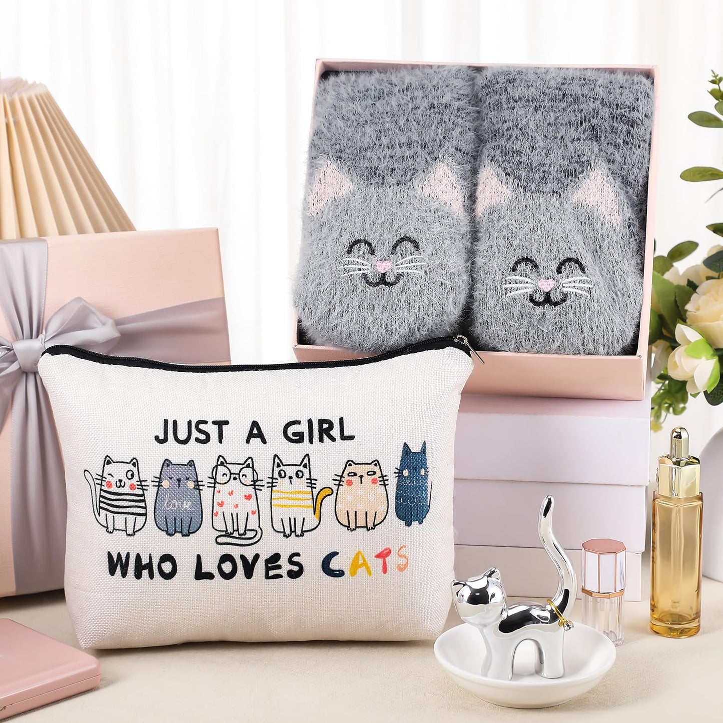 Newtay 3 Pcs Valentines Day Gifts for Women, Ring Holder Makeup Bag Fuzzy Socks with Grippers, Cute Gifts for Holiday
