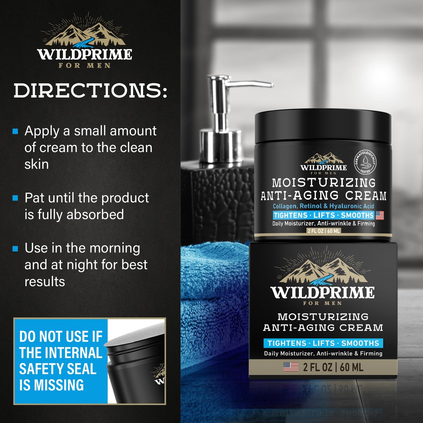 Men's Face Moisturizer Cream - Anti Aging & Wrinkle - Men's Shave Lotion - Made in USA - Collagen, Hyaluronic Acid, Vitamins E & A, Avocado Oil - Age Facial Skin Care, Day & Night Moisturizing, 2 oz
