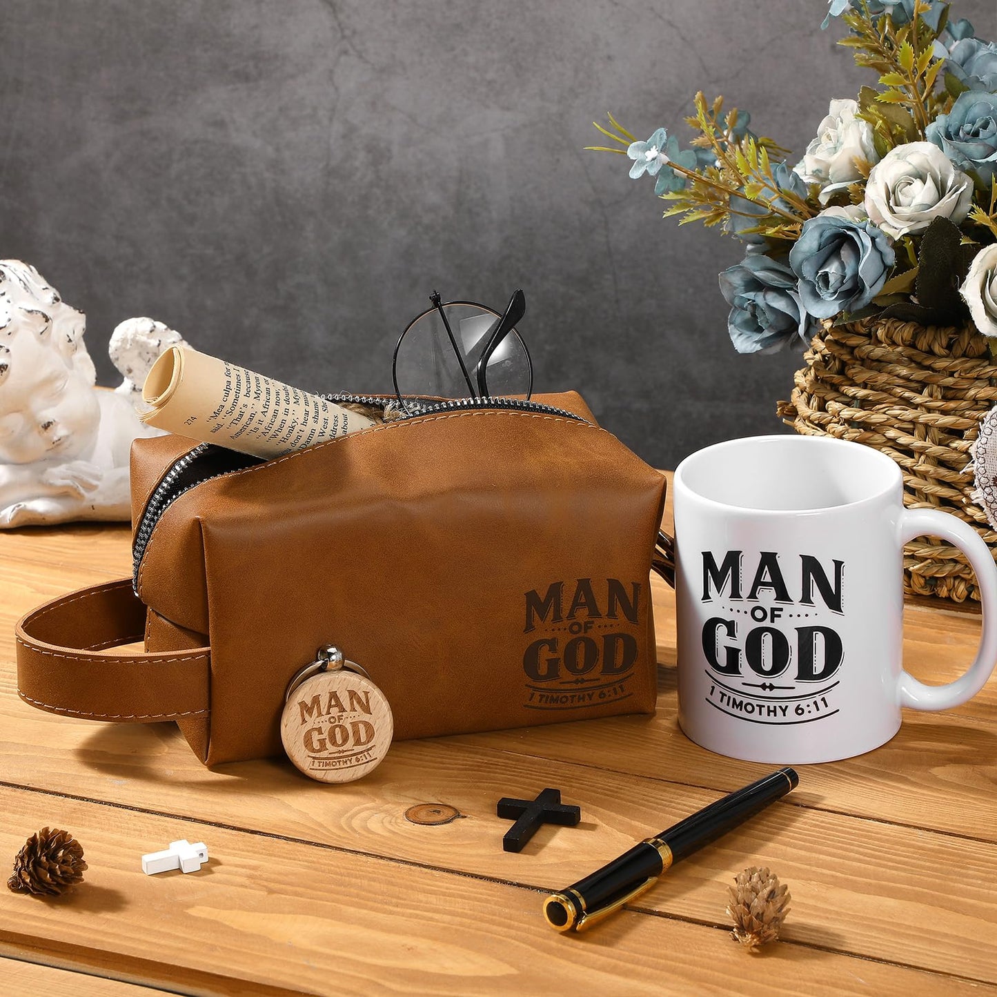 Shinylin 3 Pcs Father's Day Man of God Gifts for Men Christian 11.2oz Inspirational Coffee Mug Religious Bible Verse Leather Toiletry Bag Scripture Keychain for Dad Pastors Church Gift(Classic Color)