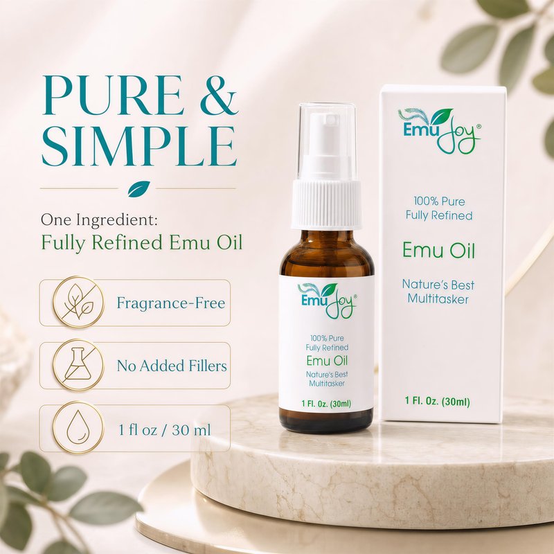 Emu Joy Emu Oil - Pure, Fully Refined Emu Oil for Skin & Body - Fast Absorbing, Non Greasy Conditioning Oil - Fragrance Free - Sensitive, Eczema & Psoriasis Prone Skin - 1 fl oz