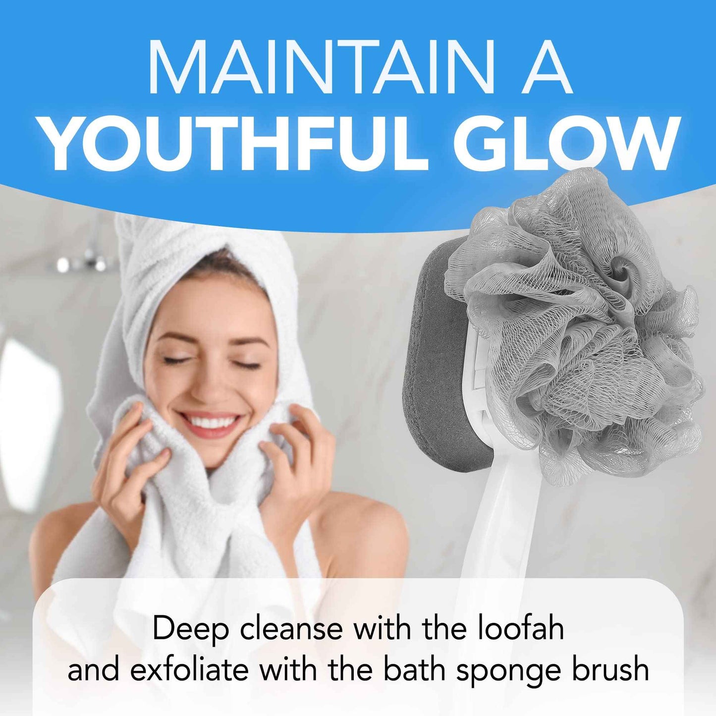 Impresa Extra Long Handle Shower Brush - Dual-Action Loofah & Exfoliating Sponge Body Scrubber - Ergonomic Grip Back Scrub Brush - Replacement Loofah & Sponge Heads - Pack of 2, White