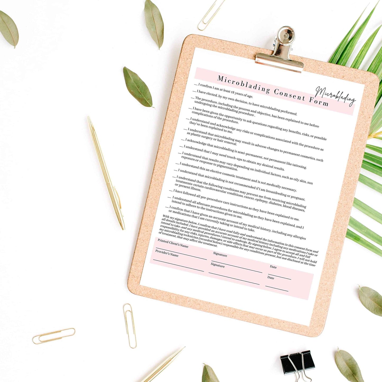 Microblading Intake, Consent, and Aftercare Form | Printed Physical 8.5 x 11" A1 Forms | Clients Signature | White and Pink Design
