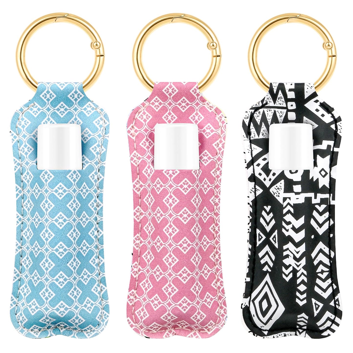 WK IEASON Lip Balm Holder Keychain Clip On PU Leather Lipstick Sleeve Pouch Lip Gloss Holder Lip Balm Sleeve Holder Keychain 3PCS（Floral Set B）