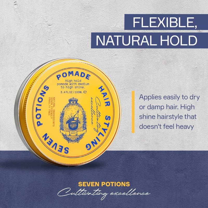 SEVEN POTIONS Men’s Hair Pomade — High Shine, High Hold, Water-Based — Barber-Grade Styling for Slick Back, Pompadour & Side Part — Natural, Vegan, Cruelty-Free — 3.4 fl oz / 100ml