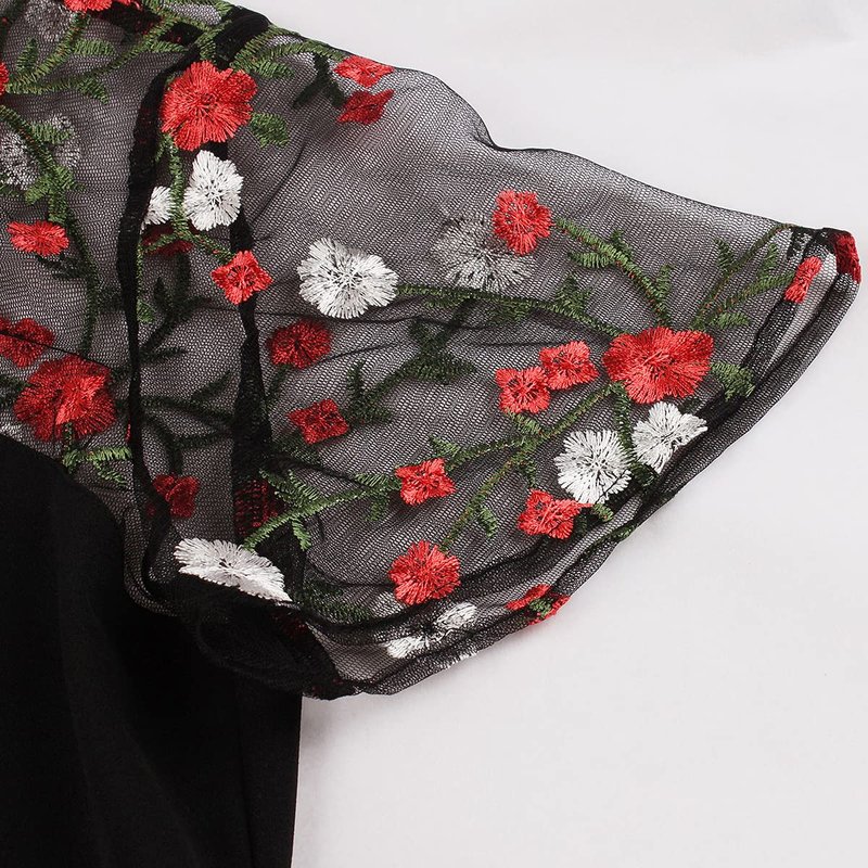 Women Keyhole Tie Neck Mesh Sleeve Vintage Cocktail Swing Dress Sweetheart Illusion Embroidery Flower 50s Pleated A-line Rockabilly Prom Dress Wedding Party 1950s Retro Casual Midi Dress Floral M