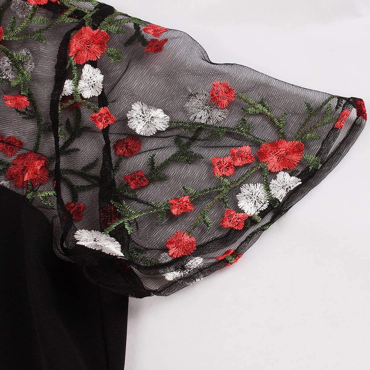 Women Keyhole Tie Neck Mesh Sleeve Vintage Cocktail Swing Dress Sweetheart Illusion Embroidery Flower 50s Pleated A-line Rockabilly Prom Dress Wedding Party 1950s Retro Casual Midi Dress Floral 4XL