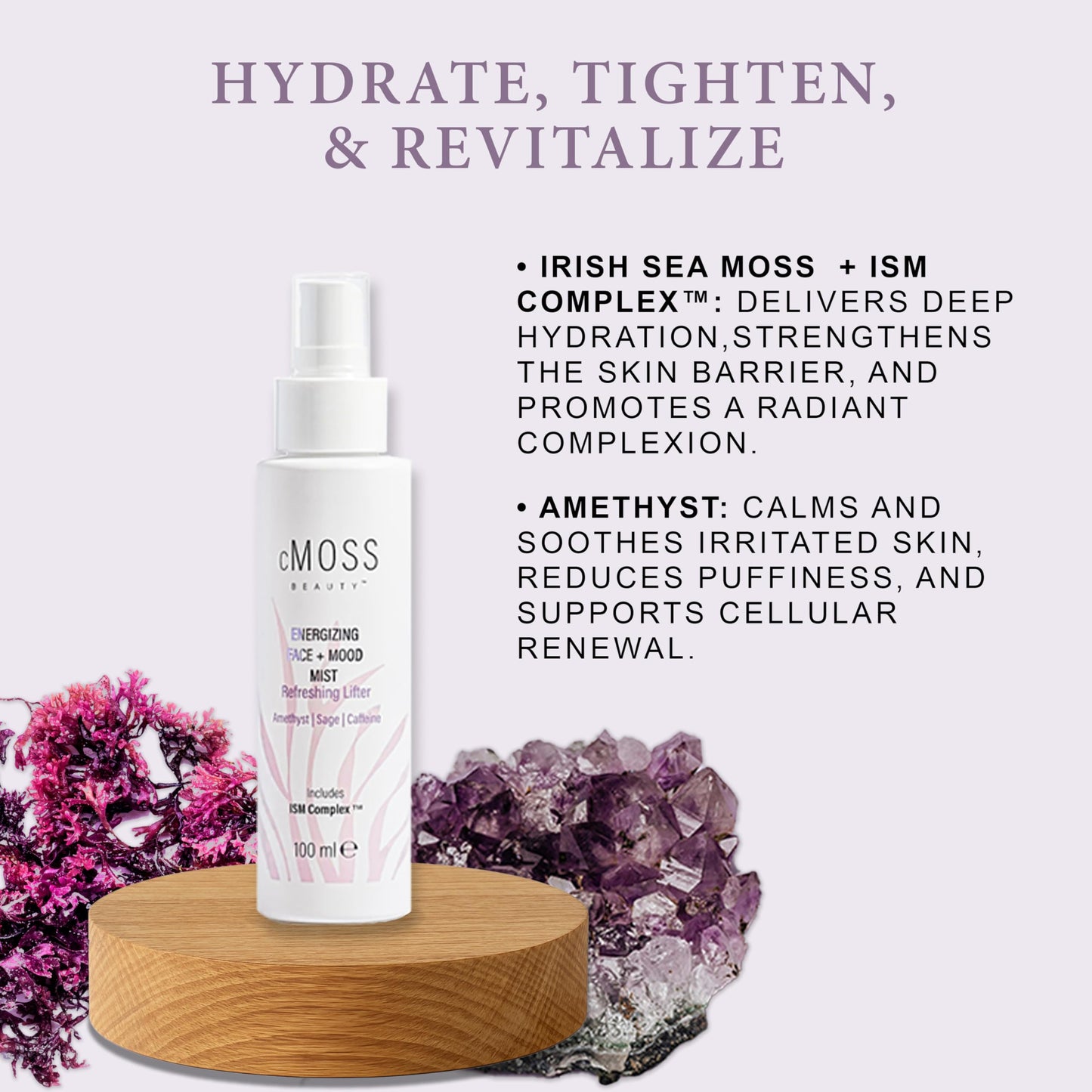 cMOSS BEAUTY Anti-Aging Glass Skin Face Mist – Instant Lift, Glow & Tighten | Sea Moss + Hyaluronic Acid Caffeine & Amethyst – Mood Boost, Oil-Free All Skin Types