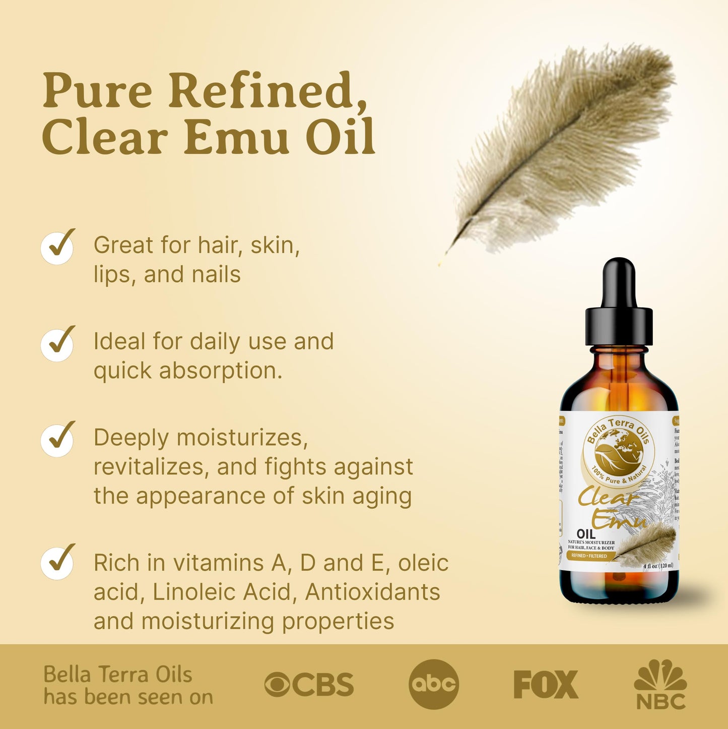 Bella Terra Oils - Clear Emu Oil 16oz - Ultra-Purified & Six-Times Refined, Rich in Omega-9, A Premium Choice for Skin & Hair Hydration