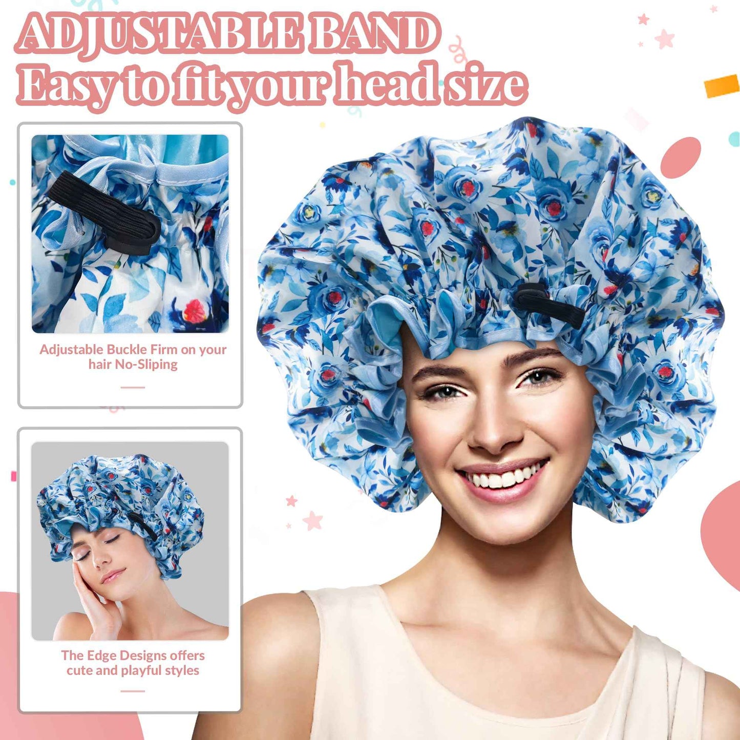 Luxury Shower Cap for Women Reusable Waterproof, 2 PCS Extra Large Double Layered Shower Caps for Long Hair with Adjustable Elastic Strap, Large Satin Lined Shower Bath Cap for All Hair Lengths