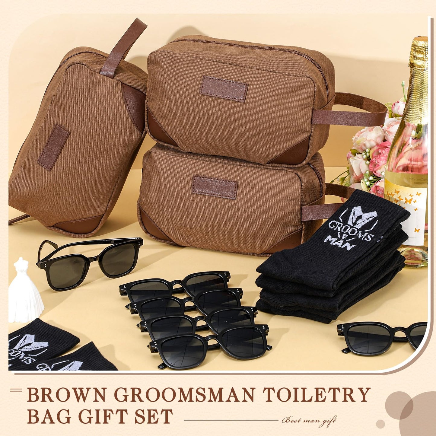SilTriangle 18 Pcs Wedding Groomsmen Gifts Set Include Pcs Men Toiletry Bags Pairs Cotton Groomsmen Socks Pairs of Sunglasses for Wedding Proposal Gifts Bachelor Party Travel Kit(Brown)
