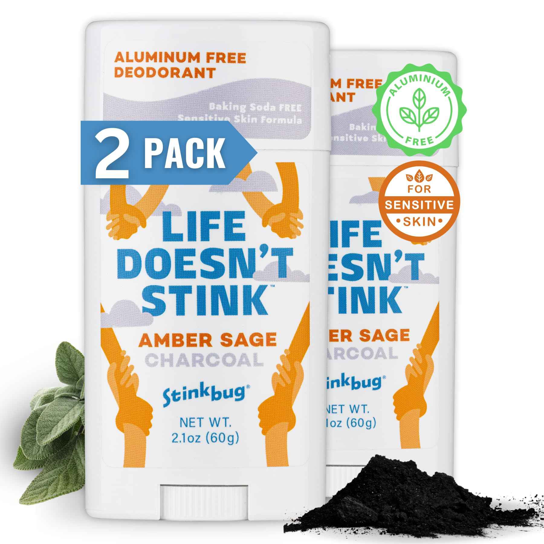 Natural Organic Sensitive Skin Deodorant Stick with Amber and Sage, Coconut Oil and Activated Charcoal, Aluminum Free Deodorant by Stinkbug Naturals, 2.1 Ounce Pack of 2