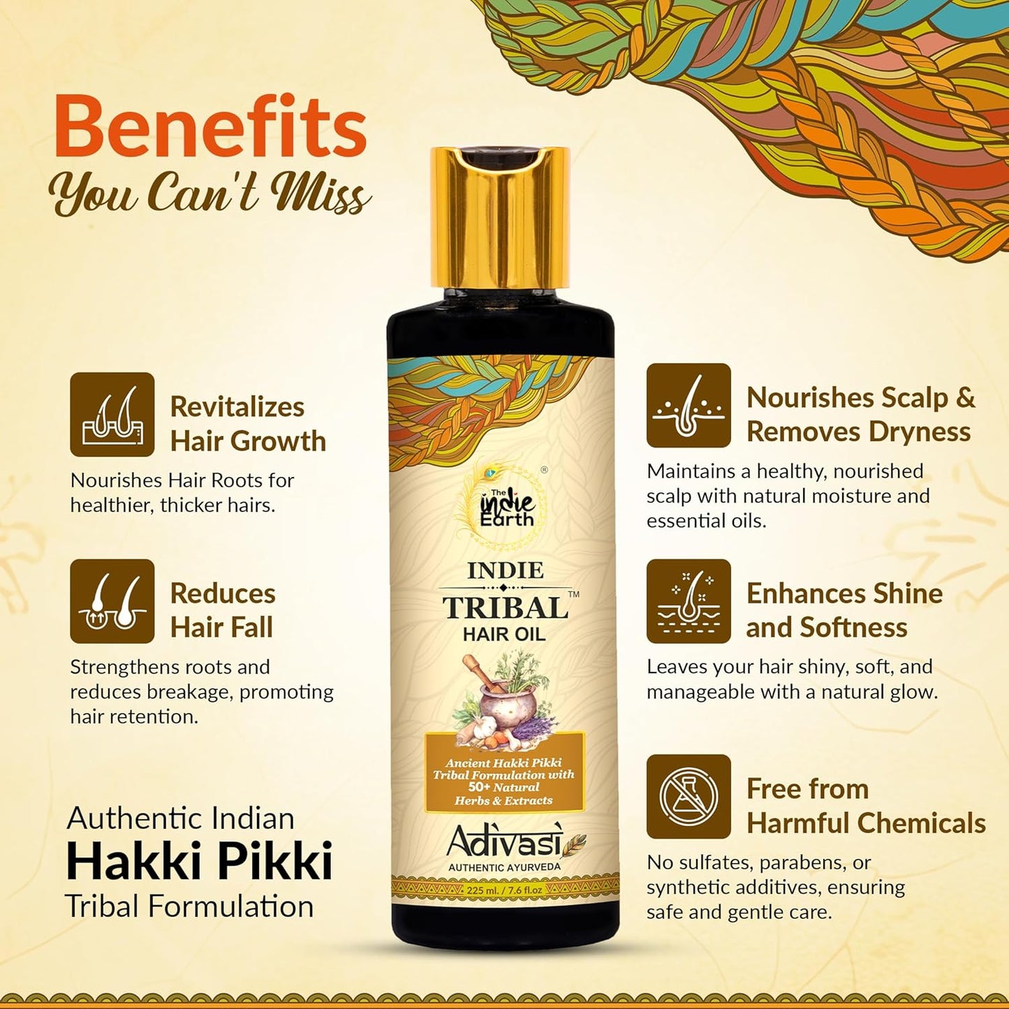 Indie Earth Tribal Adivasi Hair Oil - 50+ Natural Ingredients for Healthy Hair | Moringa, Bhringraj, Hibiscus & More